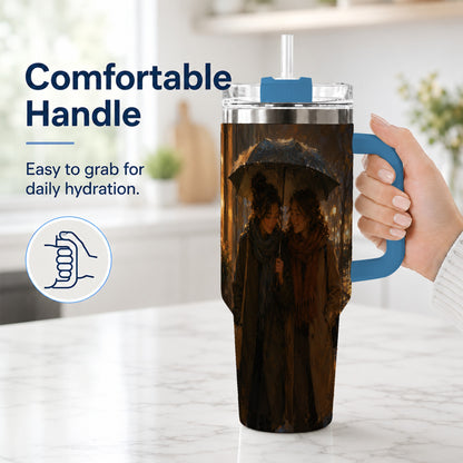 #pl[40oz|Blue] Rainy Friendship Walk 40oz Tumbler with Handle, Umbrella City Night Art