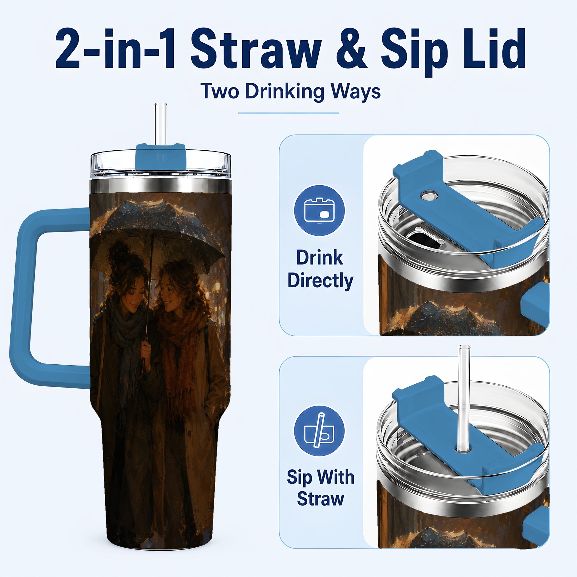 #pl[40oz|Blue] Rainy Friendship Walk 40oz Tumbler with Handle, Umbrella City Night Art