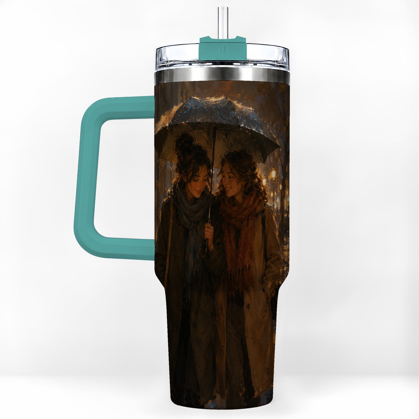 #pl[40oz|Green] Rainy Friendship Walk 40oz Tumbler with Handle, Umbrella City Night Art