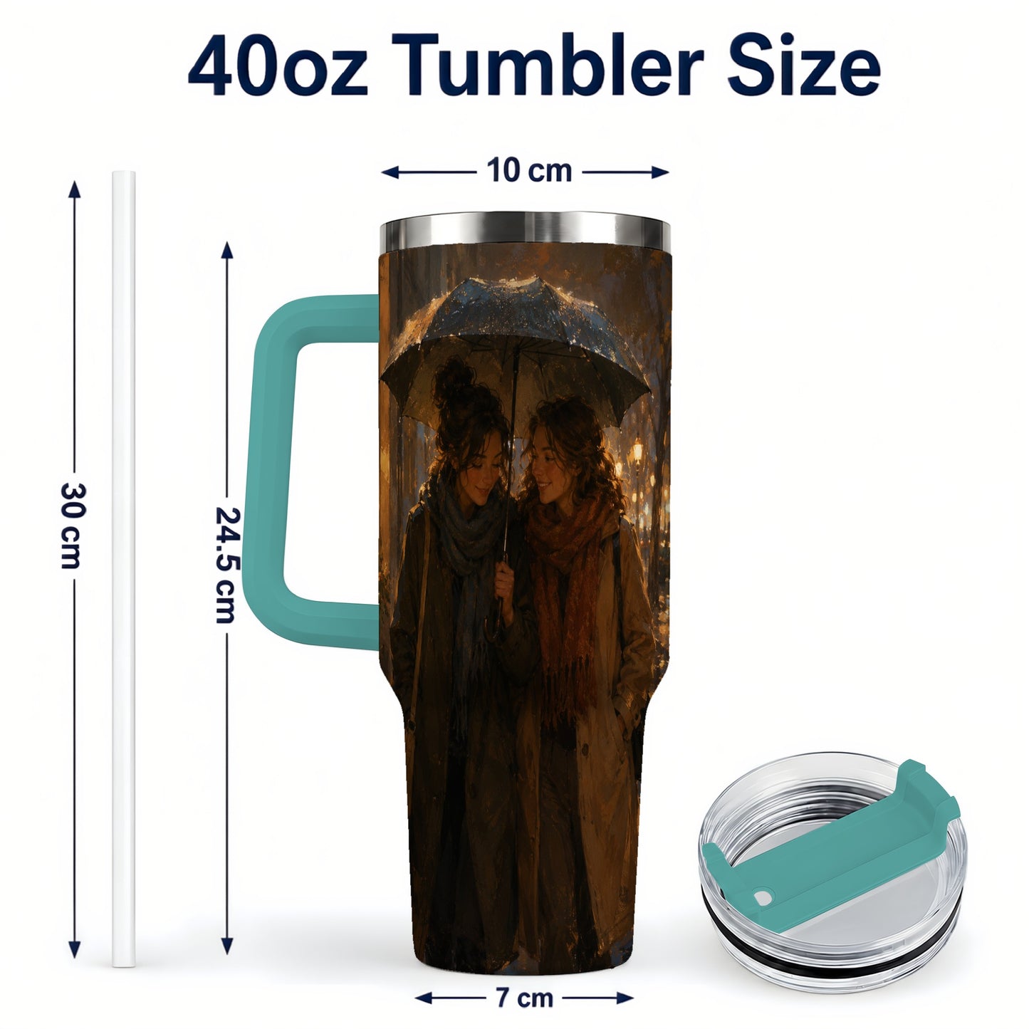 #pl[40oz|Green] Rainy Friendship Walk 40oz Tumbler with Handle, Umbrella City Night Art