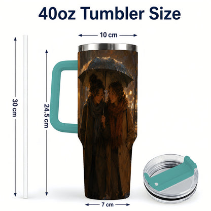 #pl[40oz|Green] Rainy Friendship Walk 40oz Tumbler with Handle, Umbrella City Night Art