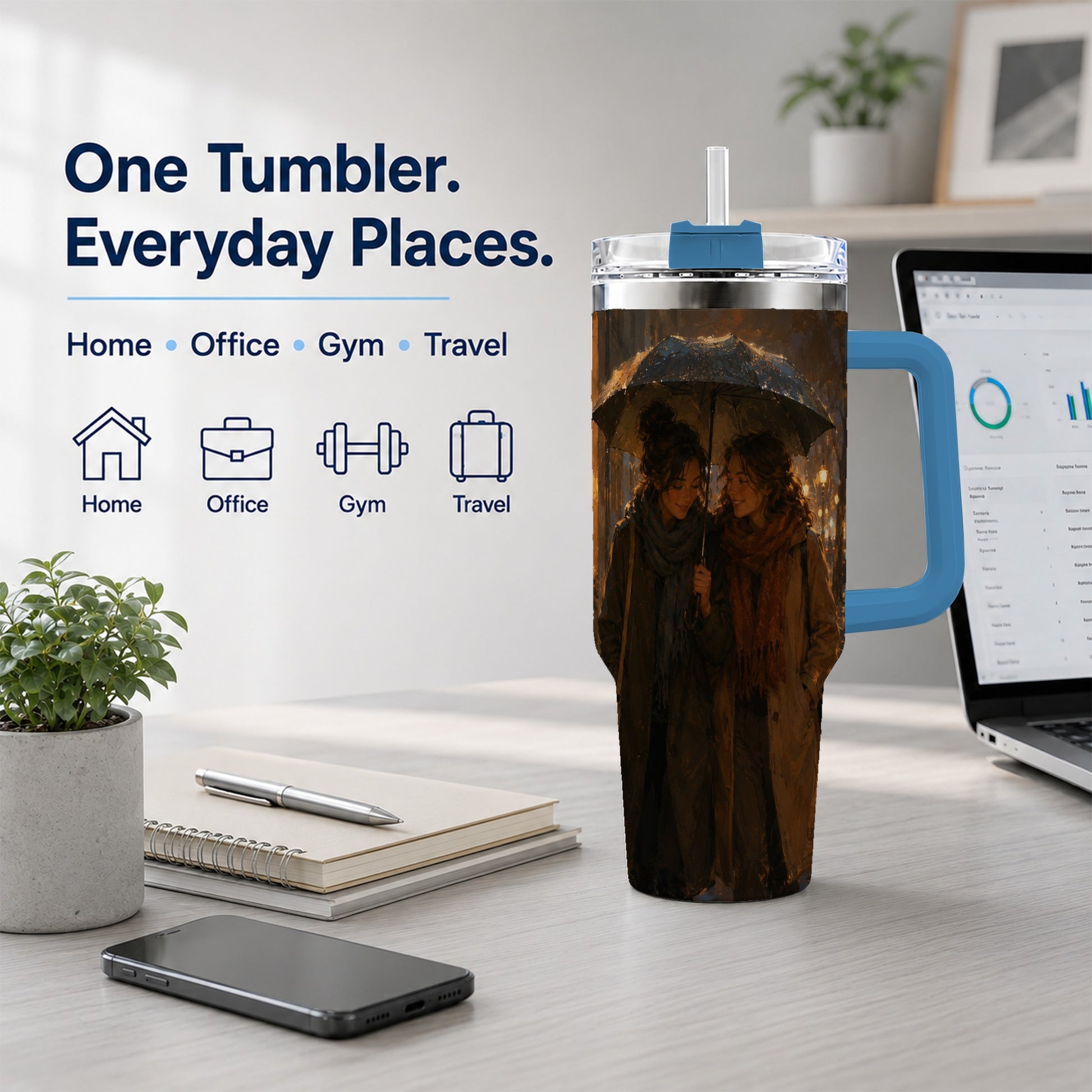 #pl[40oz|Blue] Rainy Friendship Walk 40oz Tumbler with Handle, Umbrella City Night Art