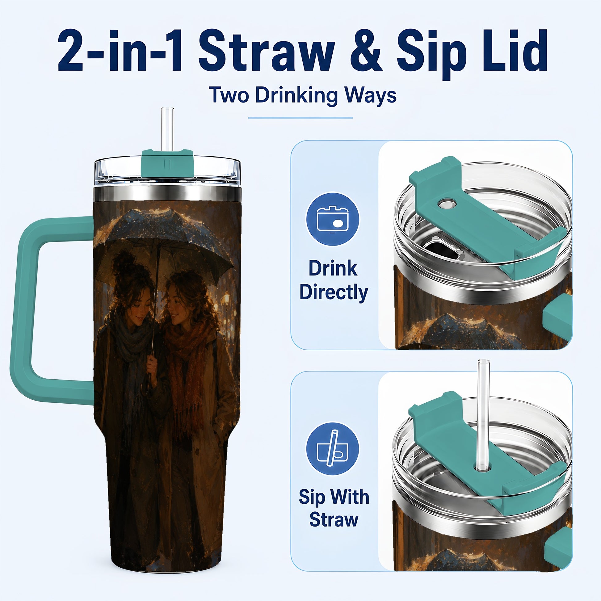 #pl[40oz|Green] Rainy Friendship Walk 40oz Tumbler with Handle, Umbrella City Night Art