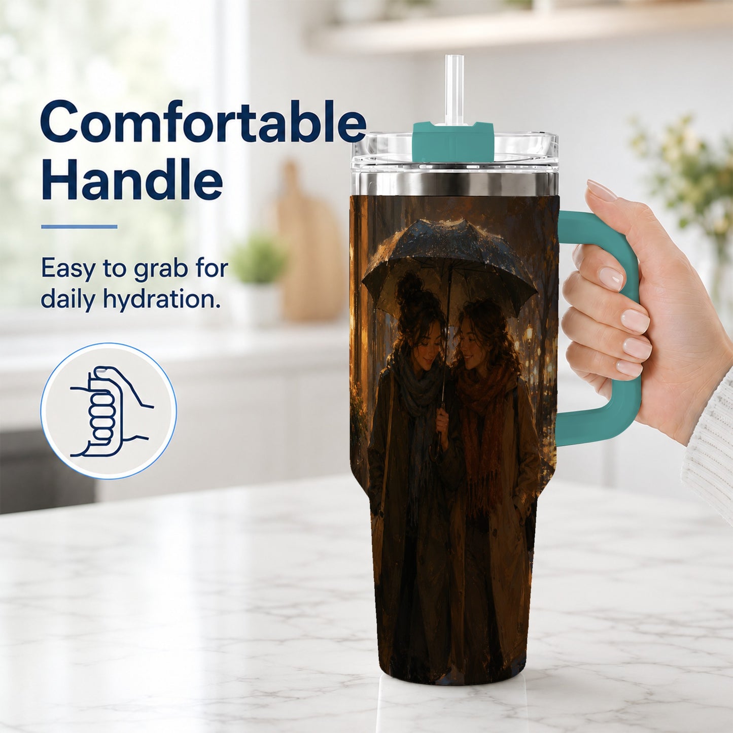 #pl[40oz|Green] Rainy Friendship Walk 40oz Tumbler with Handle, Umbrella City Night Art