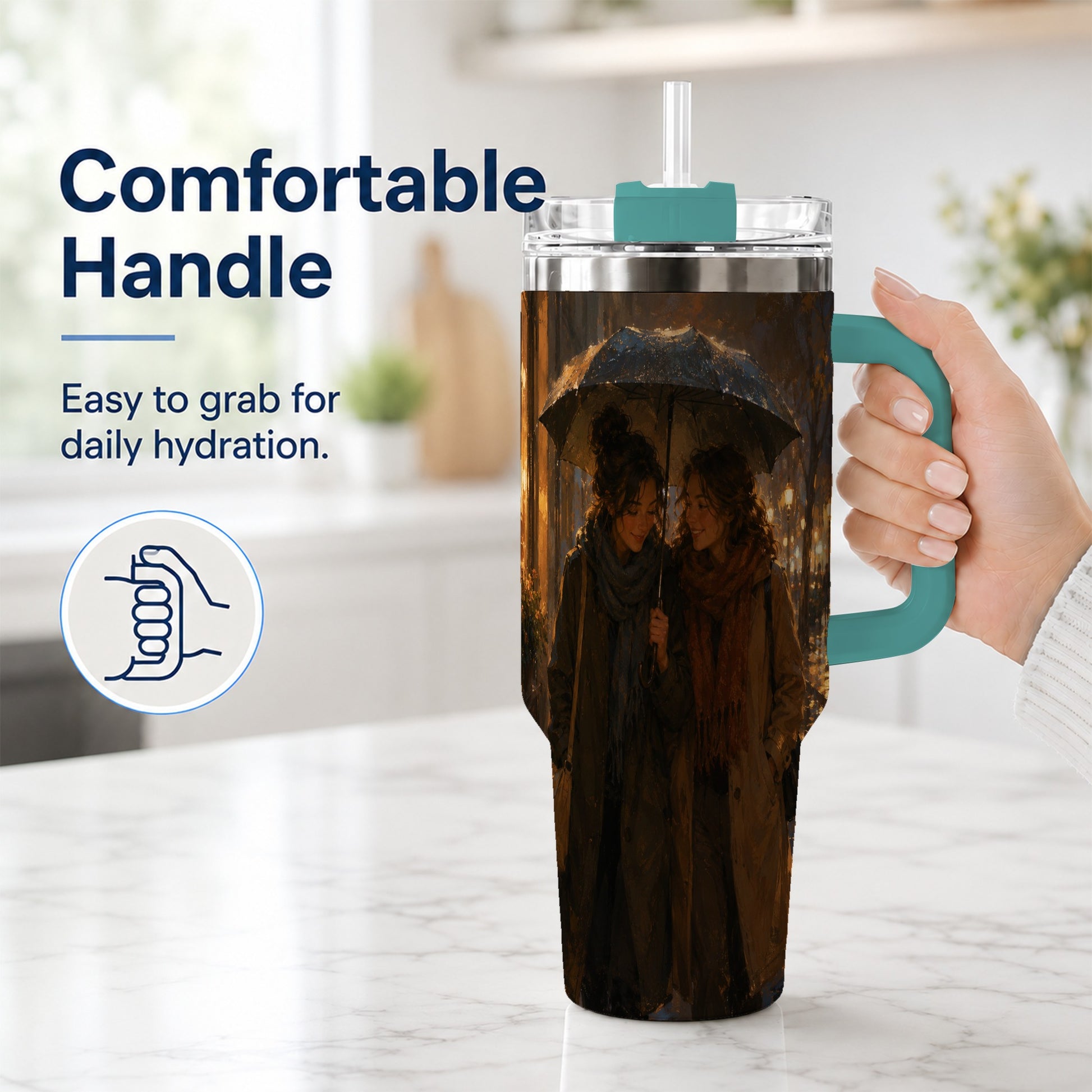 #pl[40oz|Green] Rainy Friendship Walk 40oz Tumbler with Handle, Umbrella City Night Art