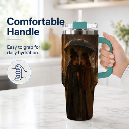 #pl[40oz|Green] Rainy Friendship Walk 40oz Tumbler with Handle, Umbrella City Night Art