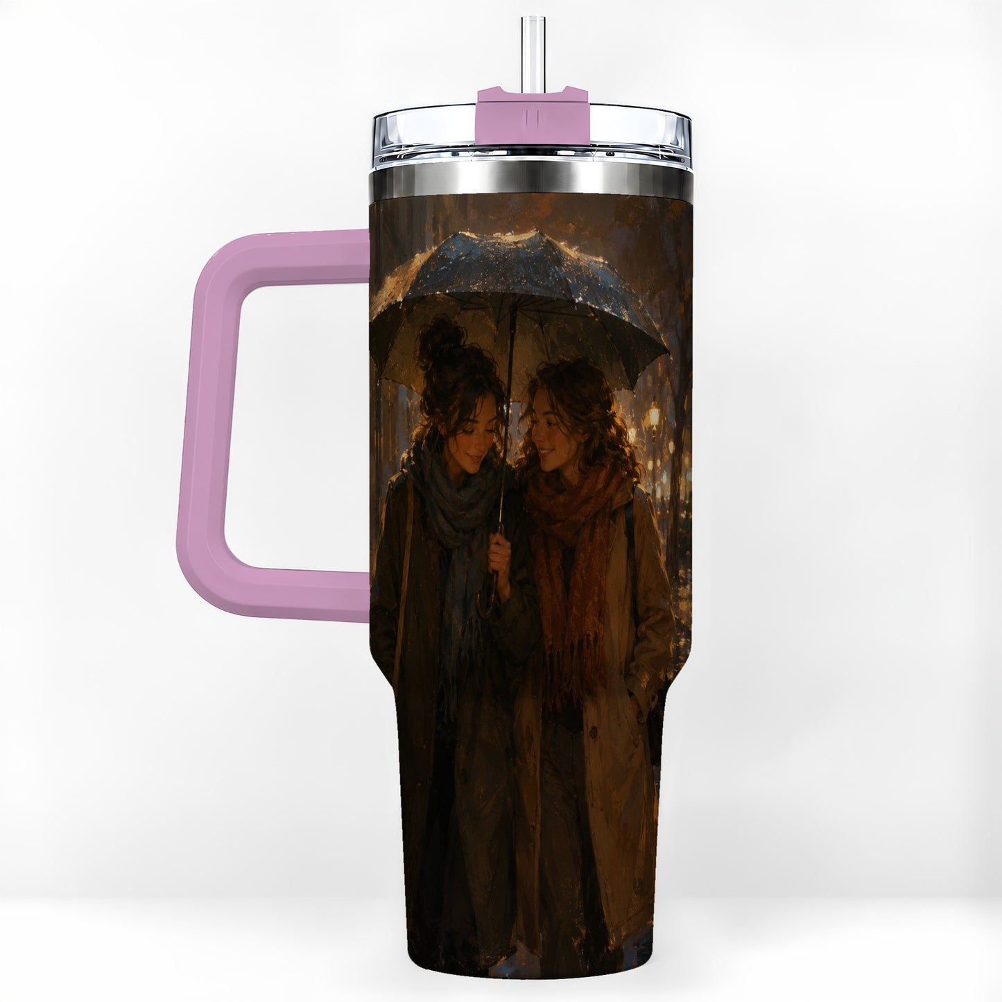 #pl[40oz|Pink] Rainy Friendship Walk 40oz Tumbler with Handle, Umbrella City Night Art