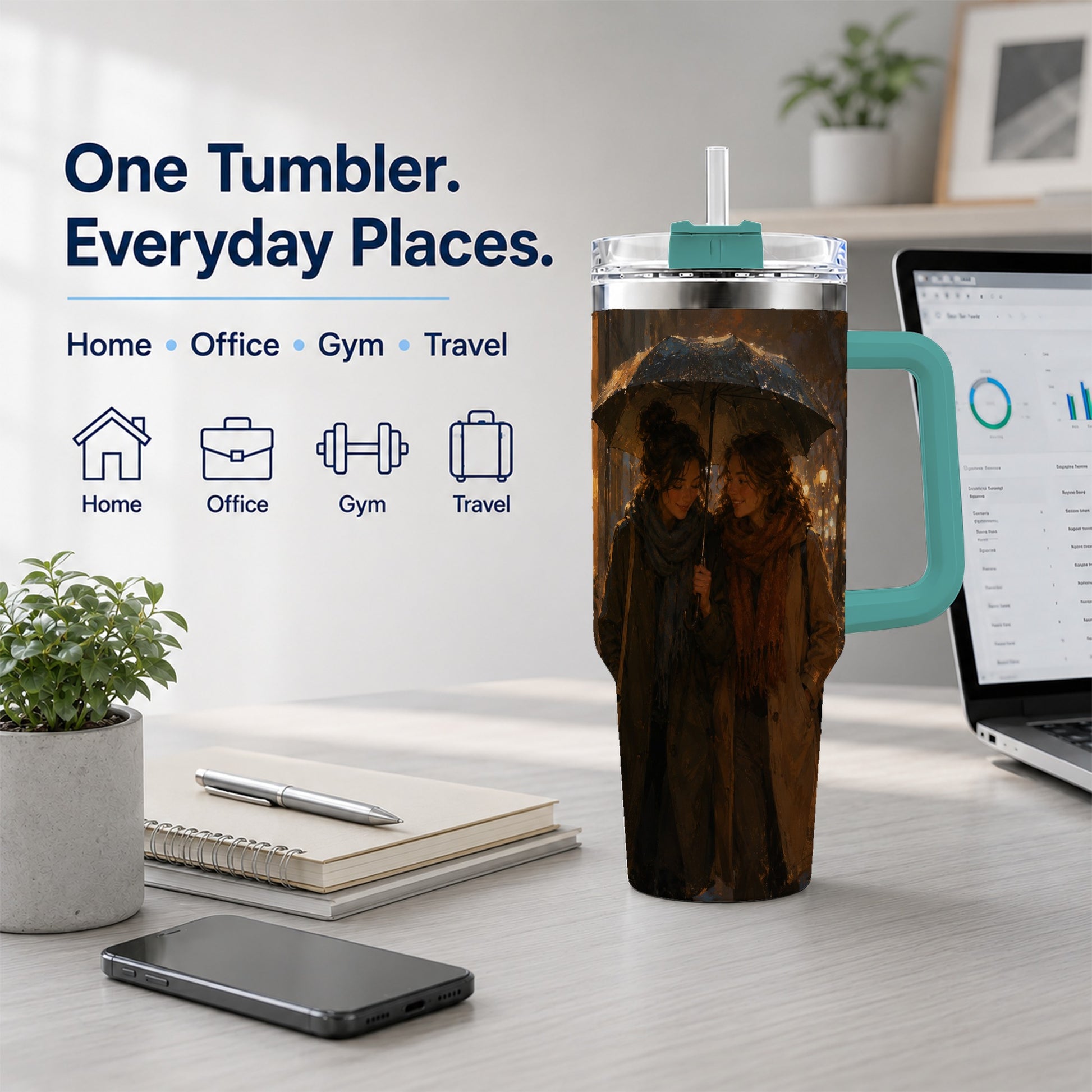 #pl[40oz|Green] Rainy Friendship Walk 40oz Tumbler with Handle, Umbrella City Night Art