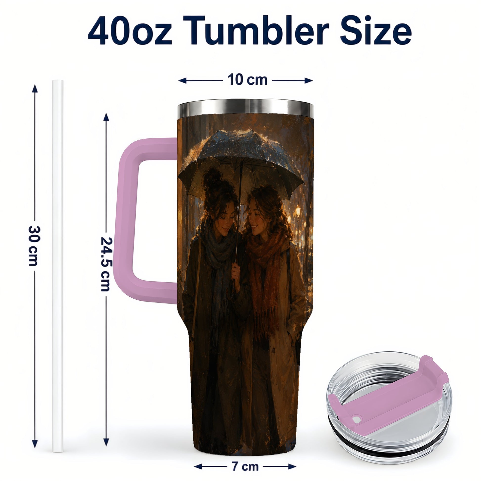 #pl[40oz|Pink] Rainy Friendship Walk 40oz Tumbler with Handle, Umbrella City Night Art