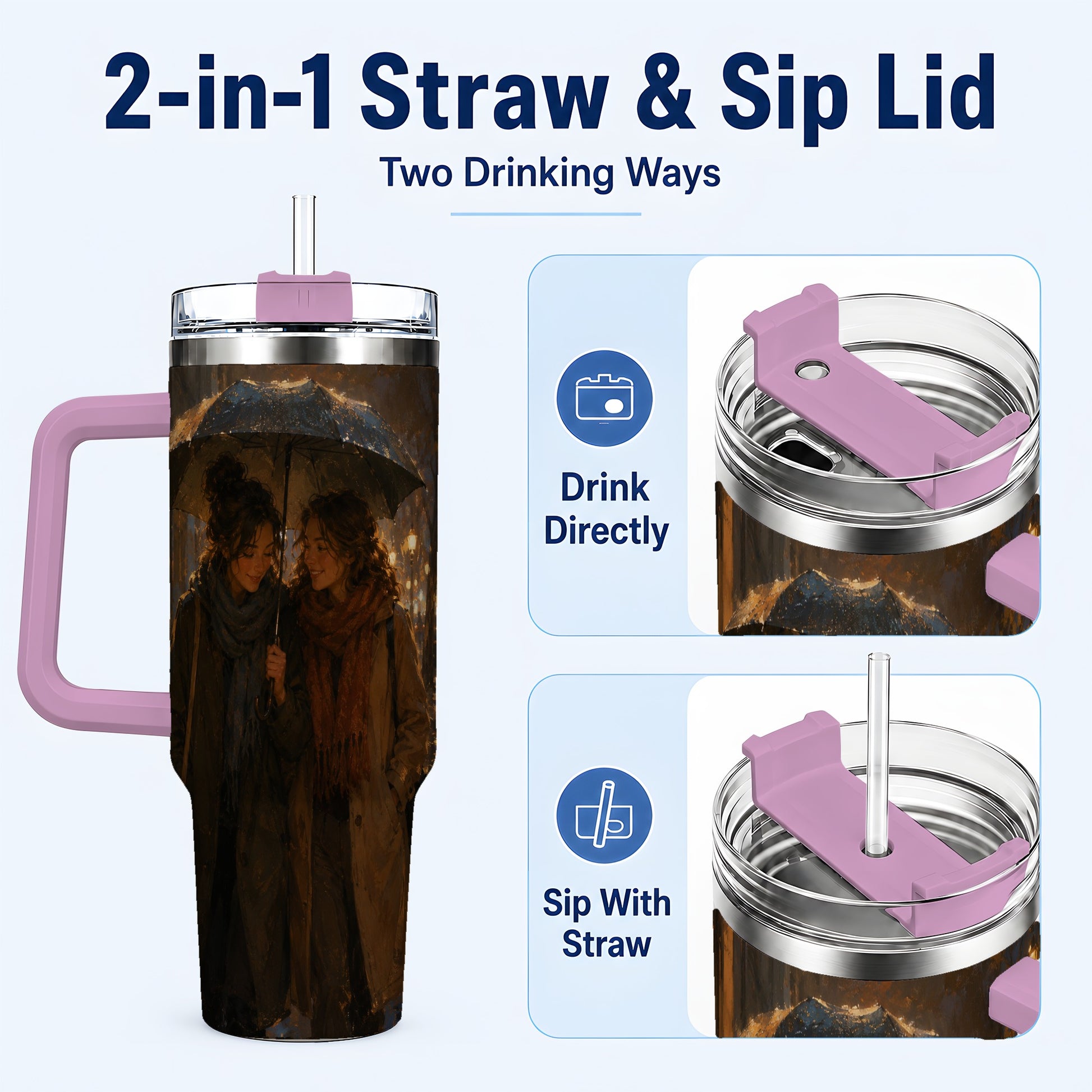 #pl[40oz|Pink] Rainy Friendship Walk 40oz Tumbler with Handle, Umbrella City Night Art