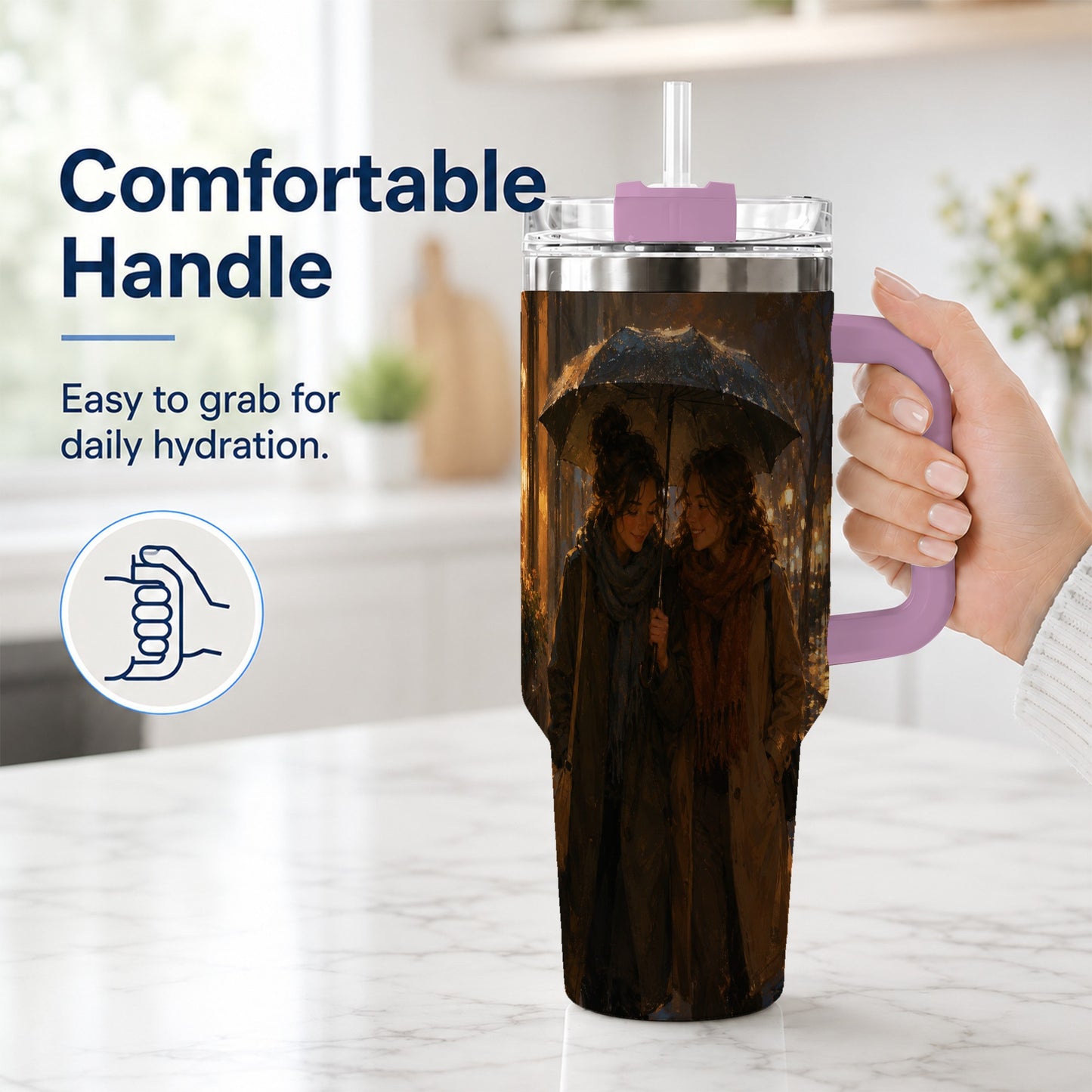 #pl[40oz|Pink] Rainy Friendship Walk 40oz Tumbler with Handle, Umbrella City Night Art