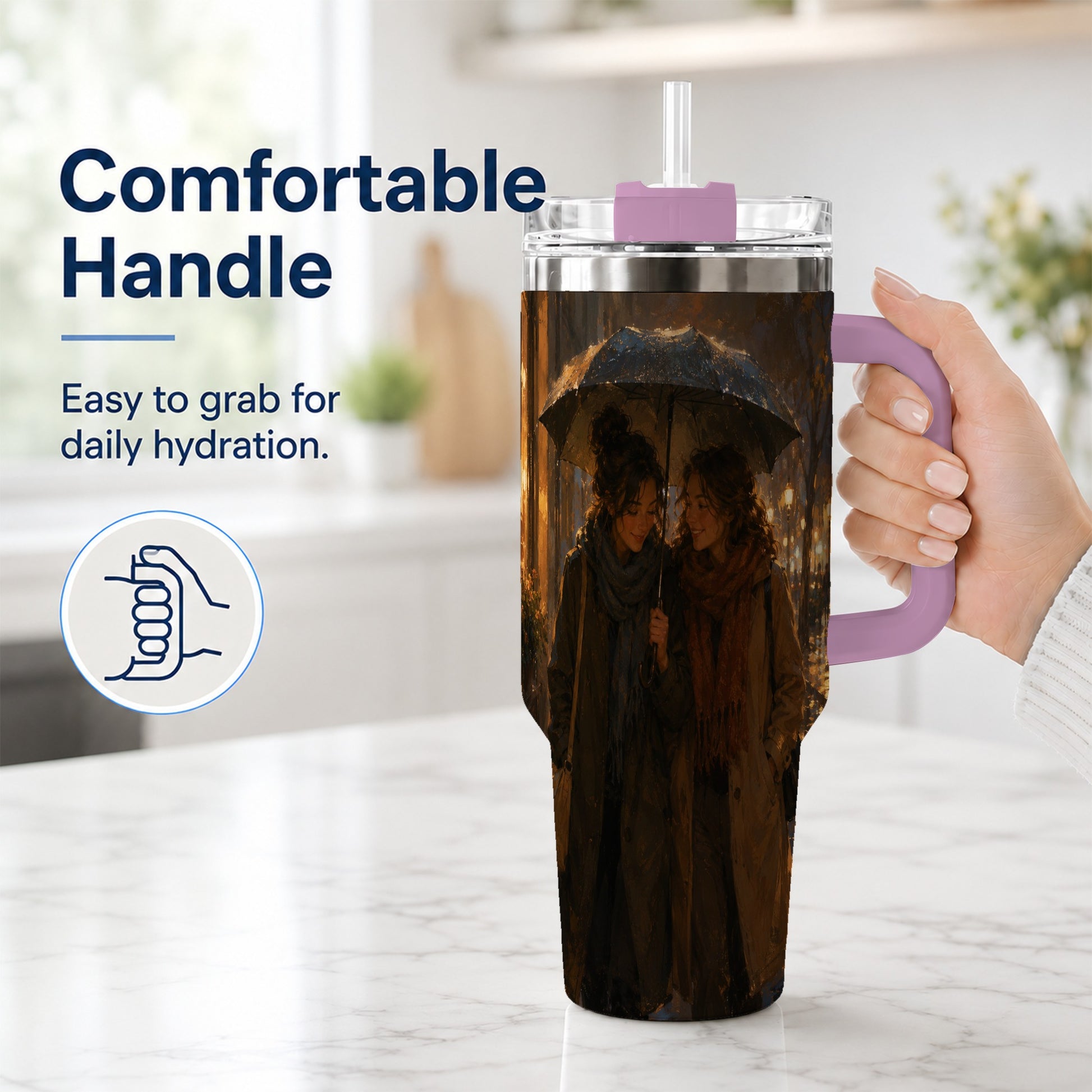 #pl[40oz|Pink] Rainy Friendship Walk 40oz Tumbler with Handle, Umbrella City Night Art