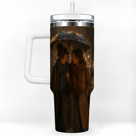 Rainy Friendship Walk 40oz Tumbler with Handle, Umbrella City Night Art