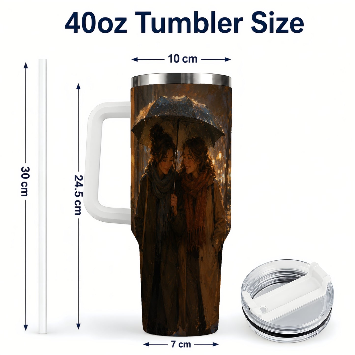 #pl[40oz|White] Rainy Friendship Walk 40oz Tumbler with Handle, Umbrella City Night Art