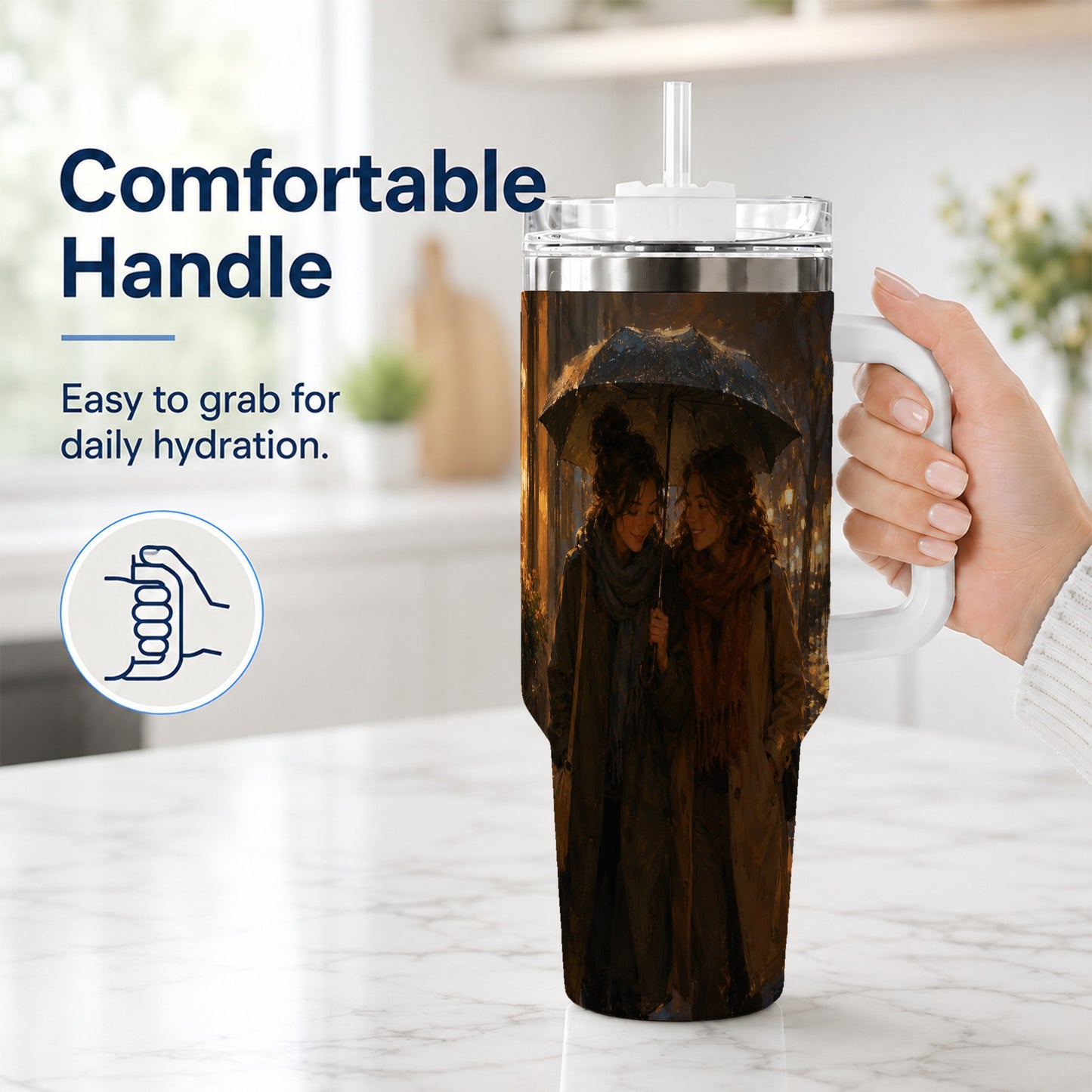 #pl[40oz|White] Rainy Friendship Walk 40oz Tumbler with Handle, Umbrella City Night Art