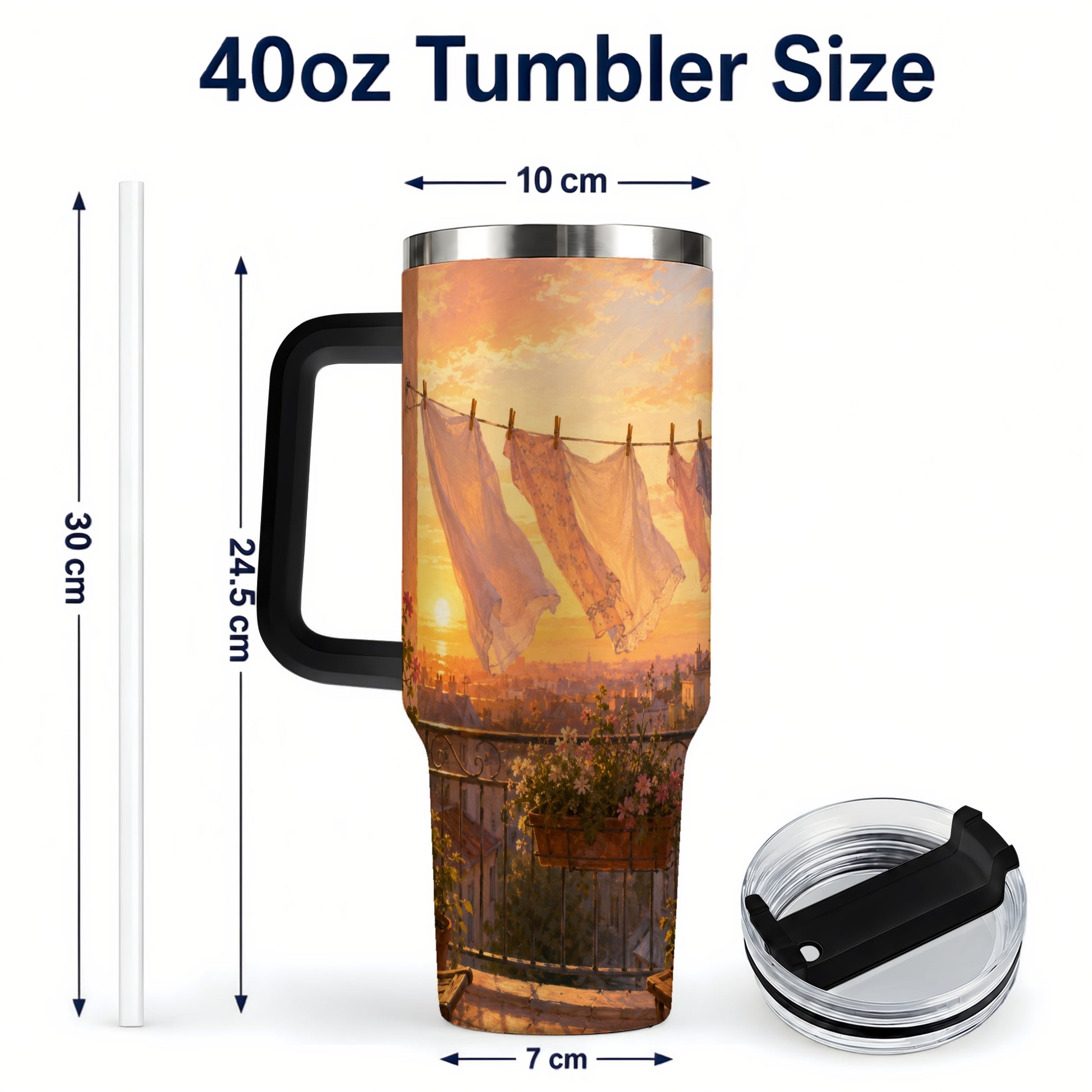 #pl[40oz|Black] Sunset Laundry Balcony 40oz Tumbler with Handle, Cozy European Balcony Art