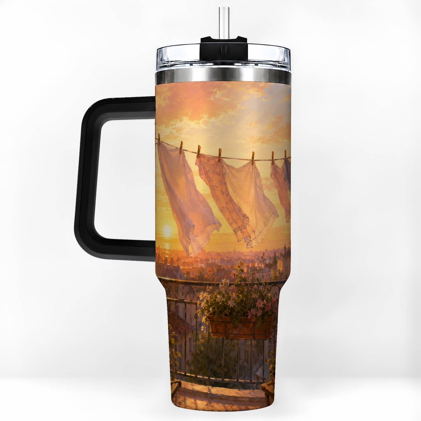 #pl[40oz|Black] Sunset Laundry Balcony 40oz Tumbler with Handle, Cozy European Balcony Art