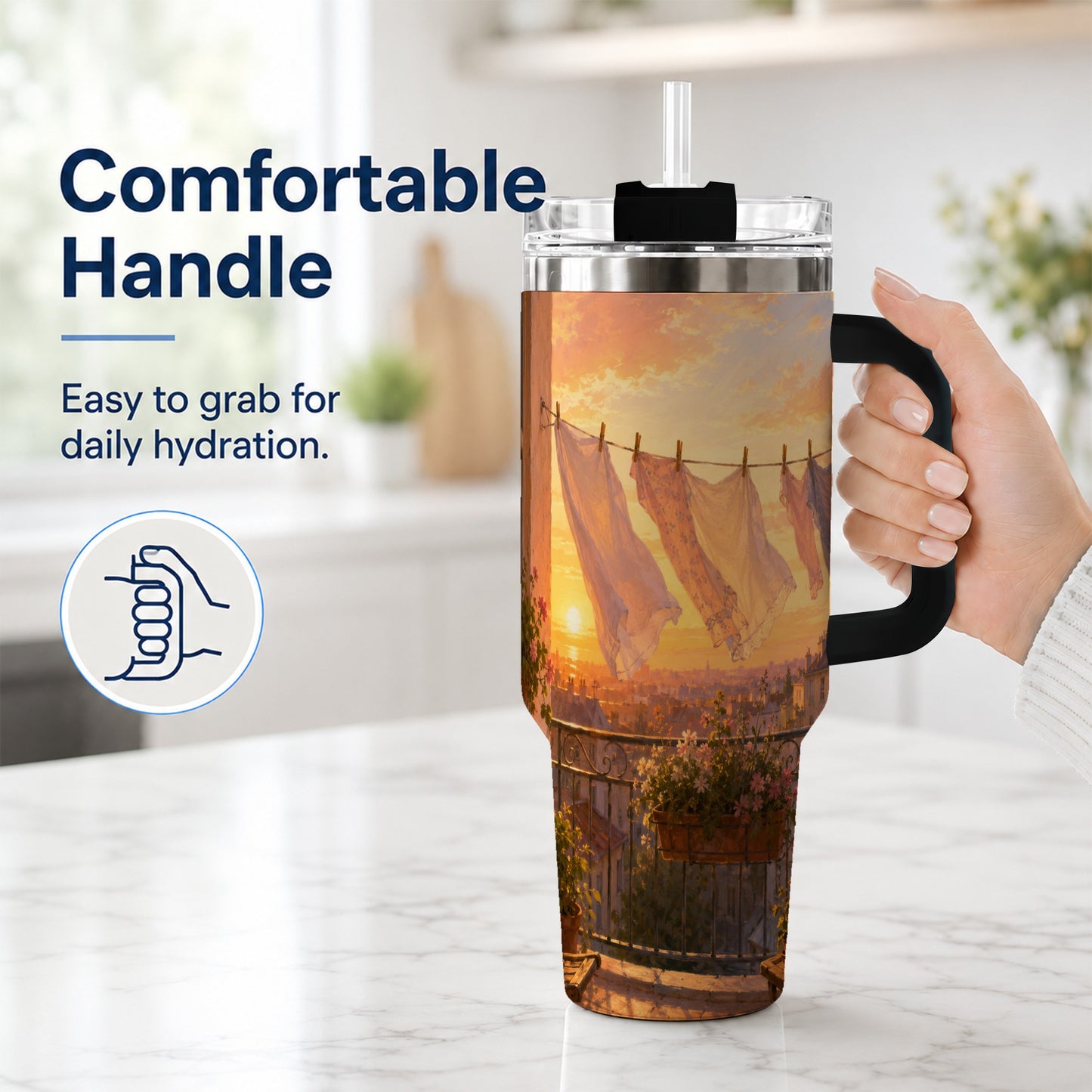#pl[40oz|Black] Sunset Laundry Balcony 40oz Tumbler with Handle, Cozy European Balcony Art