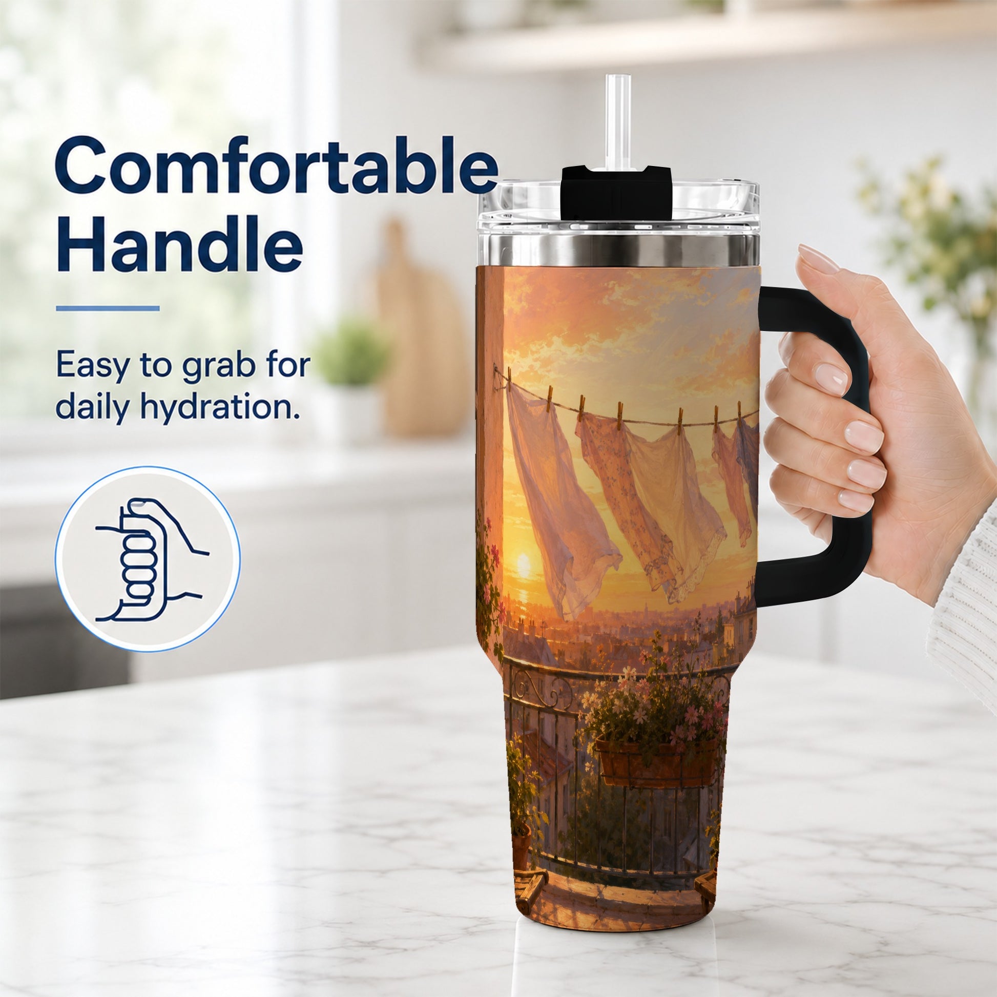 #pl[40oz|Black] Sunset Laundry Balcony 40oz Tumbler with Handle, Cozy European Balcony Art