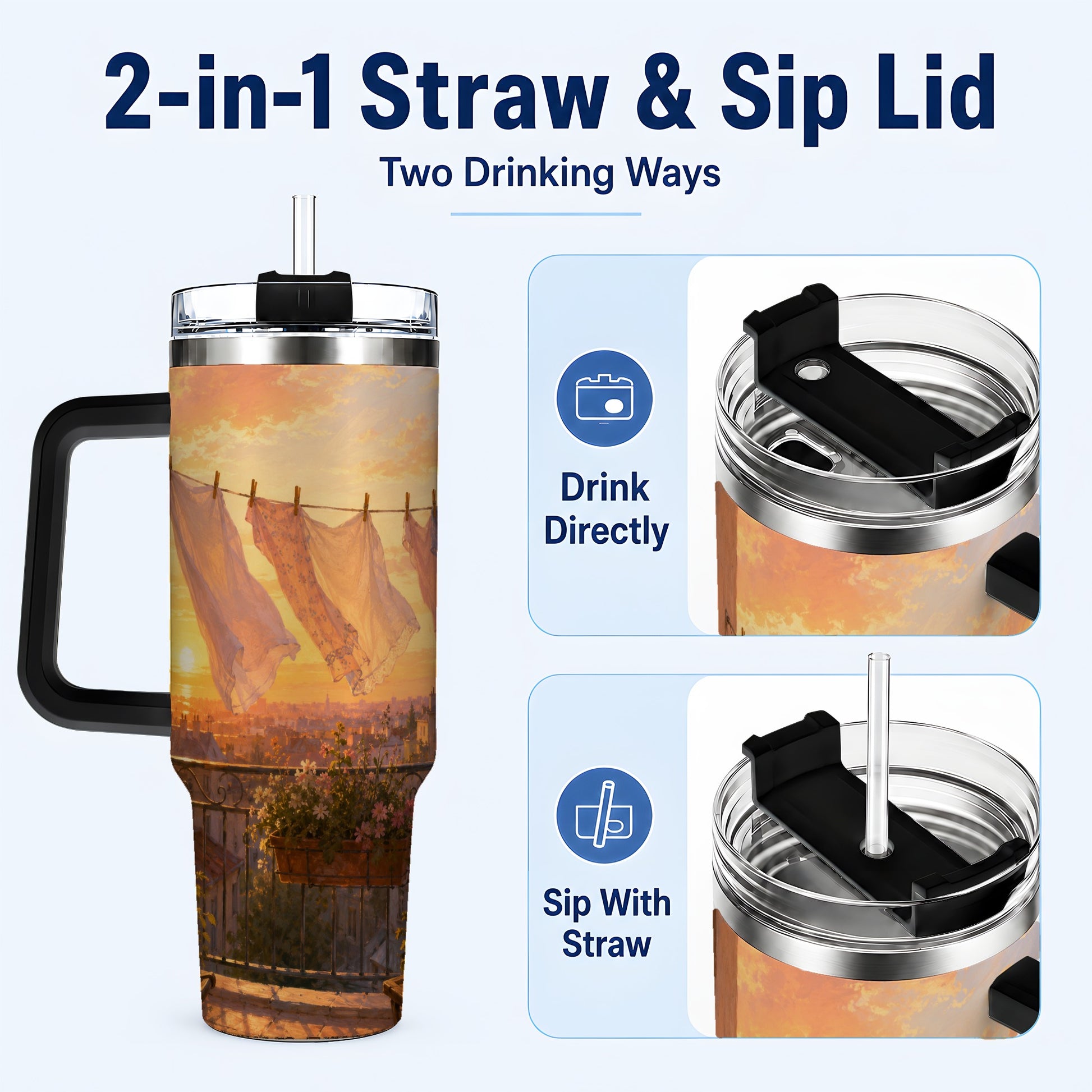 #pl[40oz|Black] Sunset Laundry Balcony 40oz Tumbler with Handle, Cozy European Balcony Art