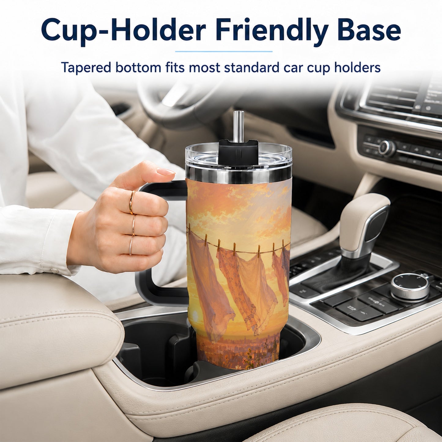 #pl[40oz|Black] Sunset Laundry Balcony 40oz Tumbler with Handle, Cozy European Balcony Art