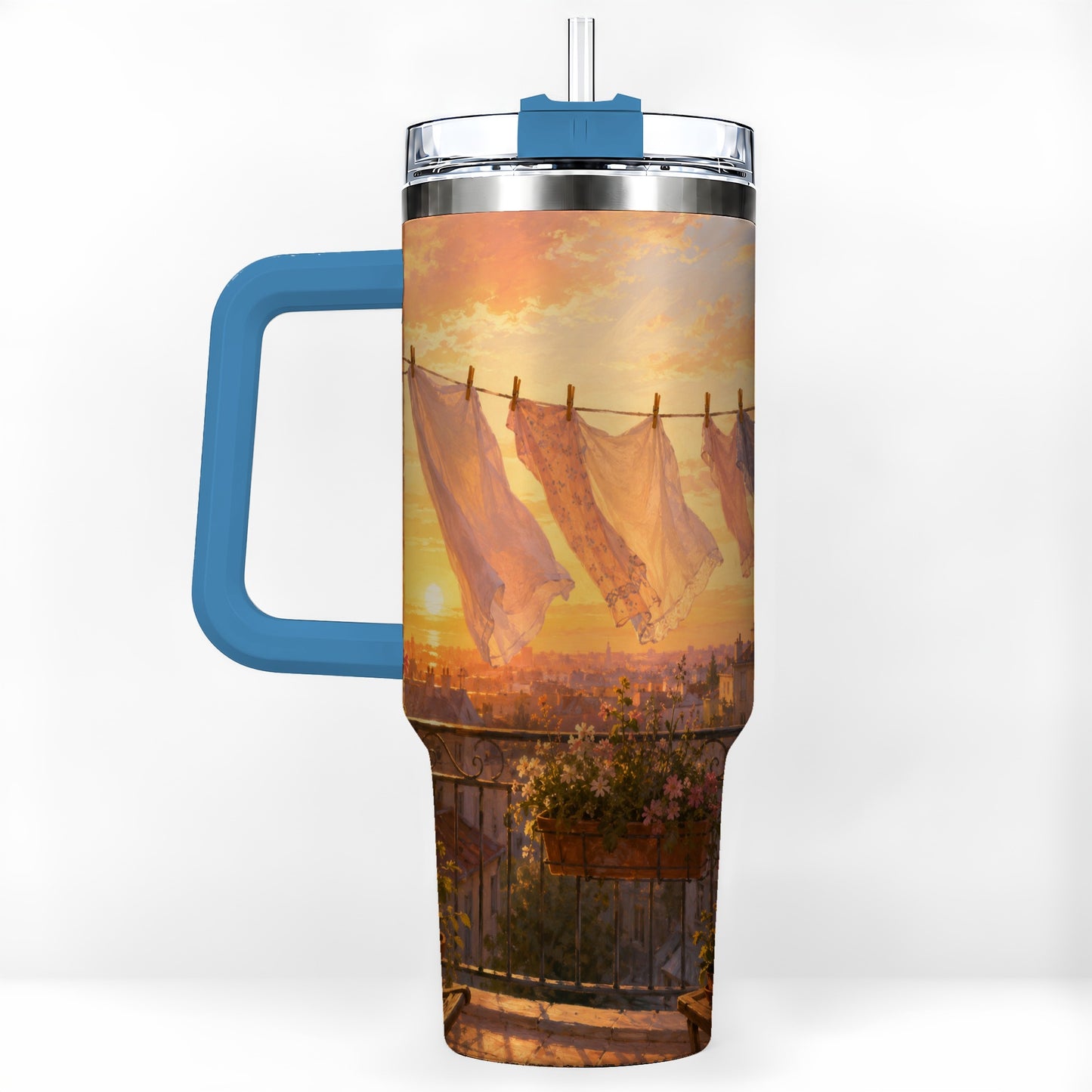 #pl[40oz|Blue] Sunset Laundry Balcony 40oz Tumbler with Handle, Cozy European Balcony Art