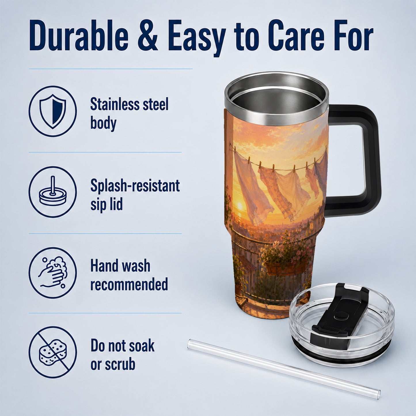 #pl[40oz|Black] Sunset Laundry Balcony 40oz Tumbler with Handle, Cozy European Balcony Art