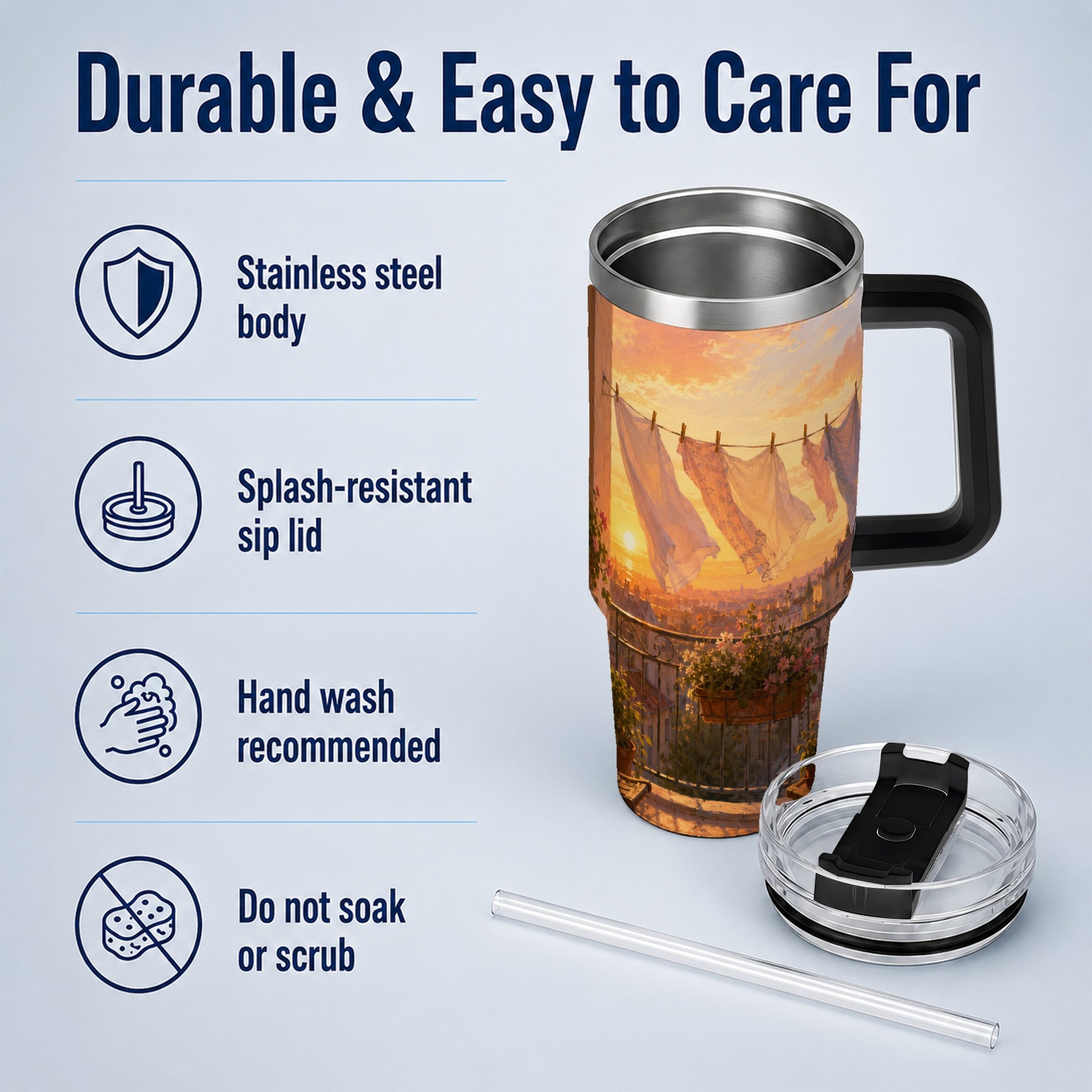 #pl[40oz|Black] Sunset Laundry Balcony 40oz Tumbler with Handle, Cozy European Balcony Art