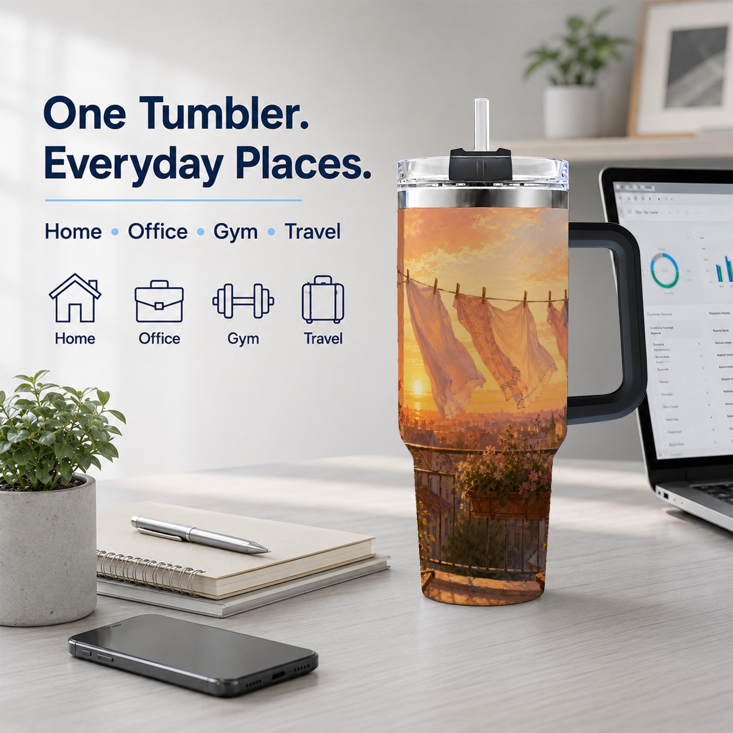 #pl[40oz|Black] Sunset Laundry Balcony 40oz Tumbler with Handle, Cozy European Balcony Art