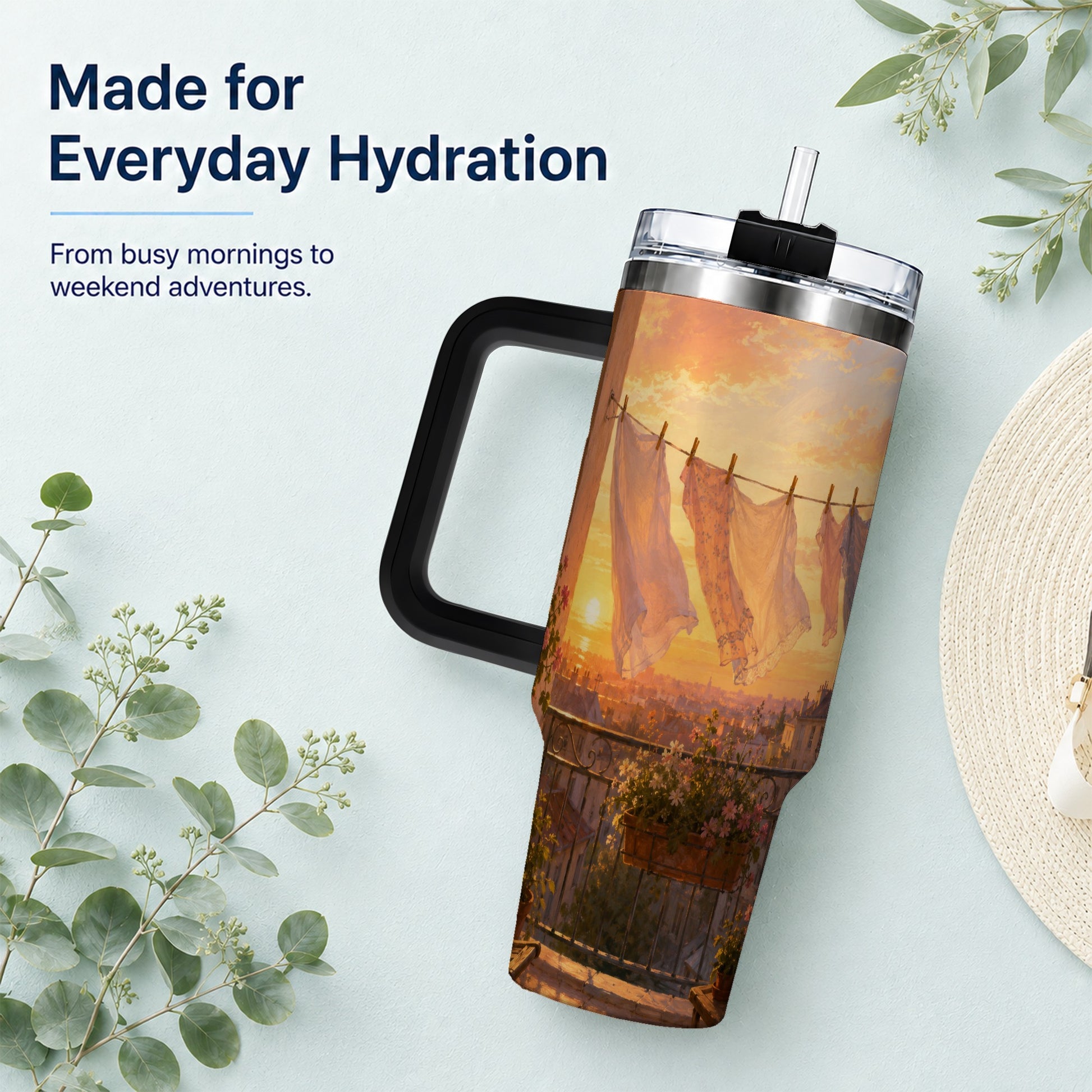 #pl[40oz|Black] Sunset Laundry Balcony 40oz Tumbler with Handle, Cozy European Balcony Art