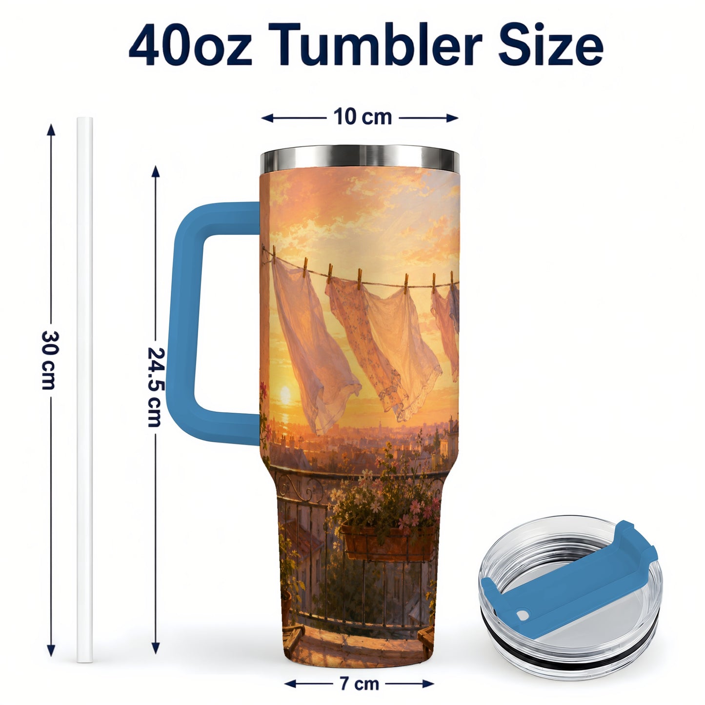 #pl[40oz|Blue] Sunset Laundry Balcony 40oz Tumbler with Handle, Cozy European Balcony Art