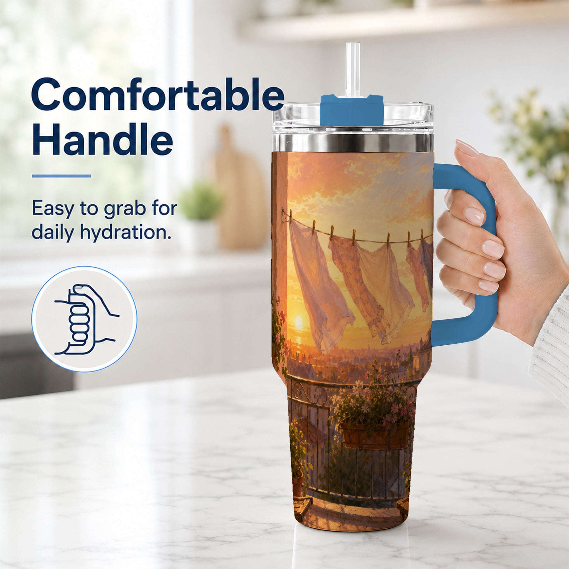 #pl[40oz|Blue] Sunset Laundry Balcony 40oz Tumbler with Handle, Cozy European Balcony Art