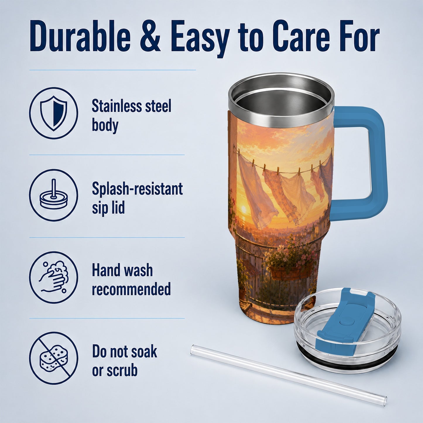 #pl[40oz|Blue] Sunset Laundry Balcony 40oz Tumbler with Handle, Cozy European Balcony Art