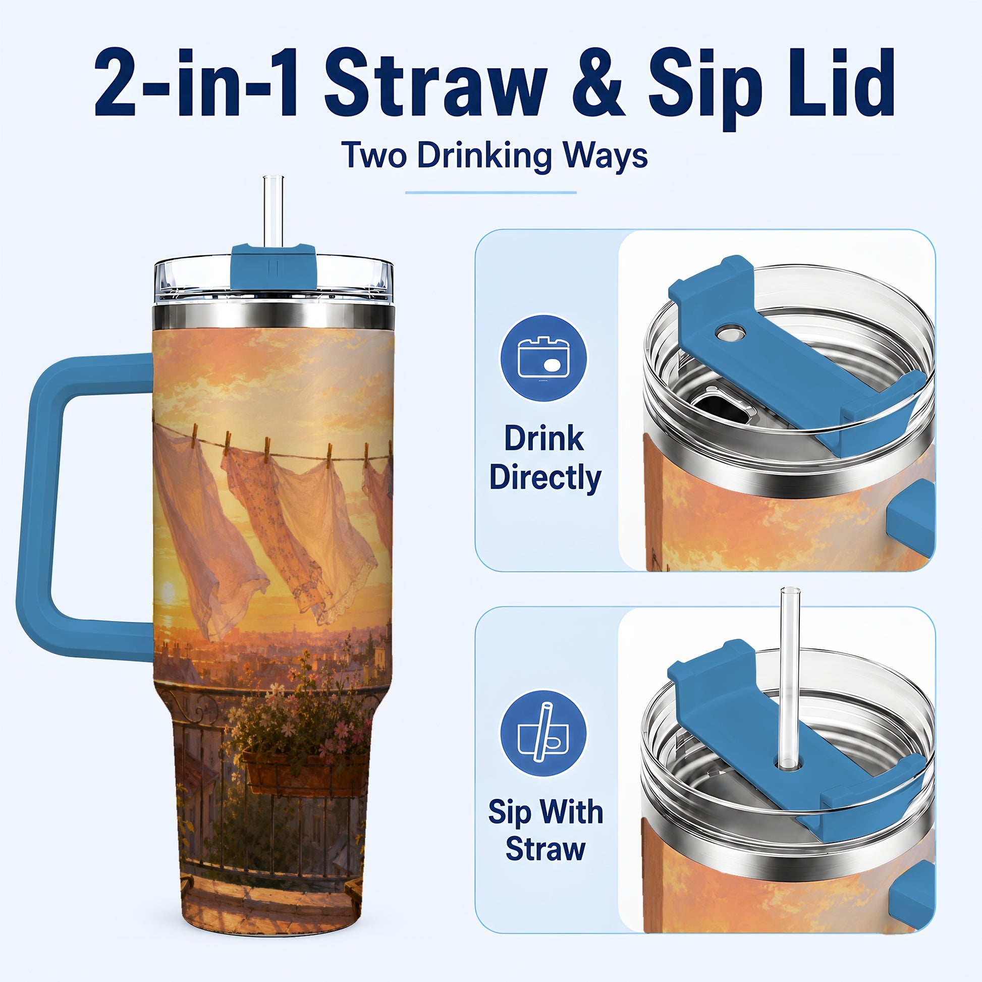 #pl[40oz|Blue] Sunset Laundry Balcony 40oz Tumbler with Handle, Cozy European Balcony Art