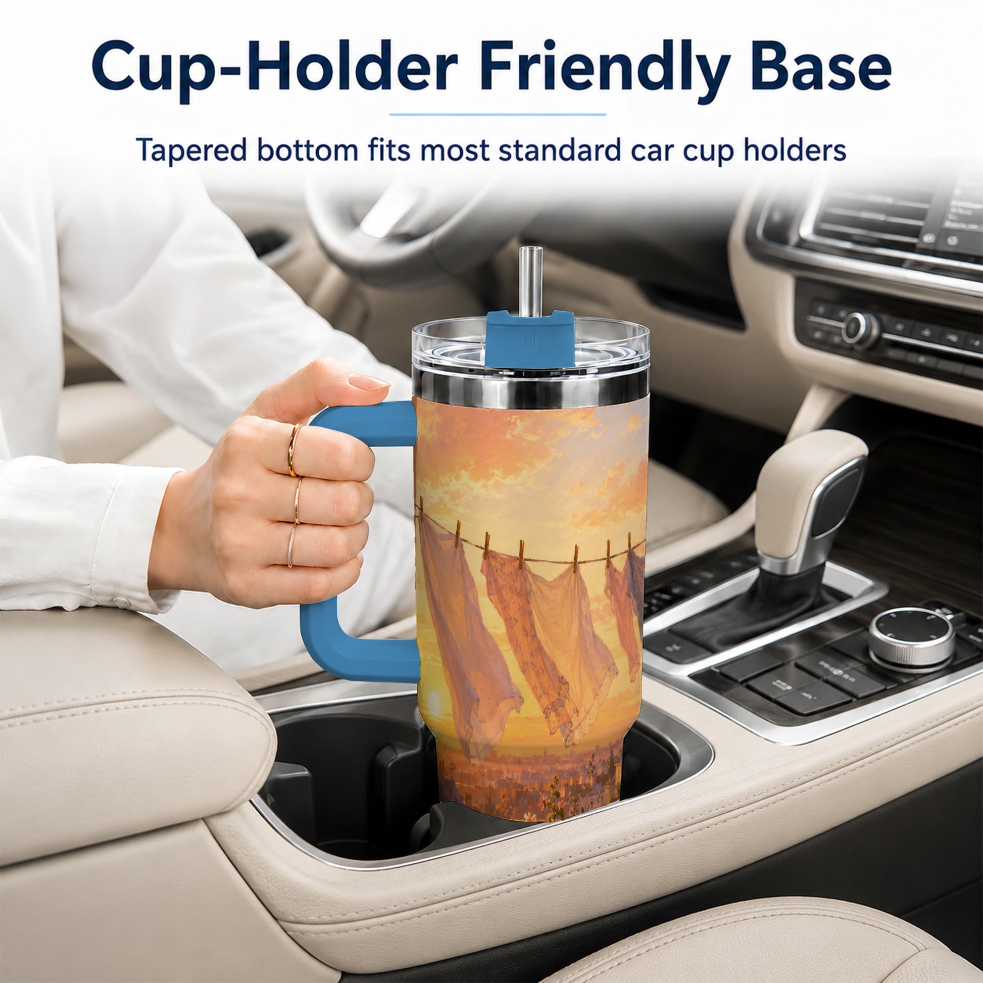 #pl[40oz|Blue] Sunset Laundry Balcony 40oz Tumbler with Handle, Cozy European Balcony Art