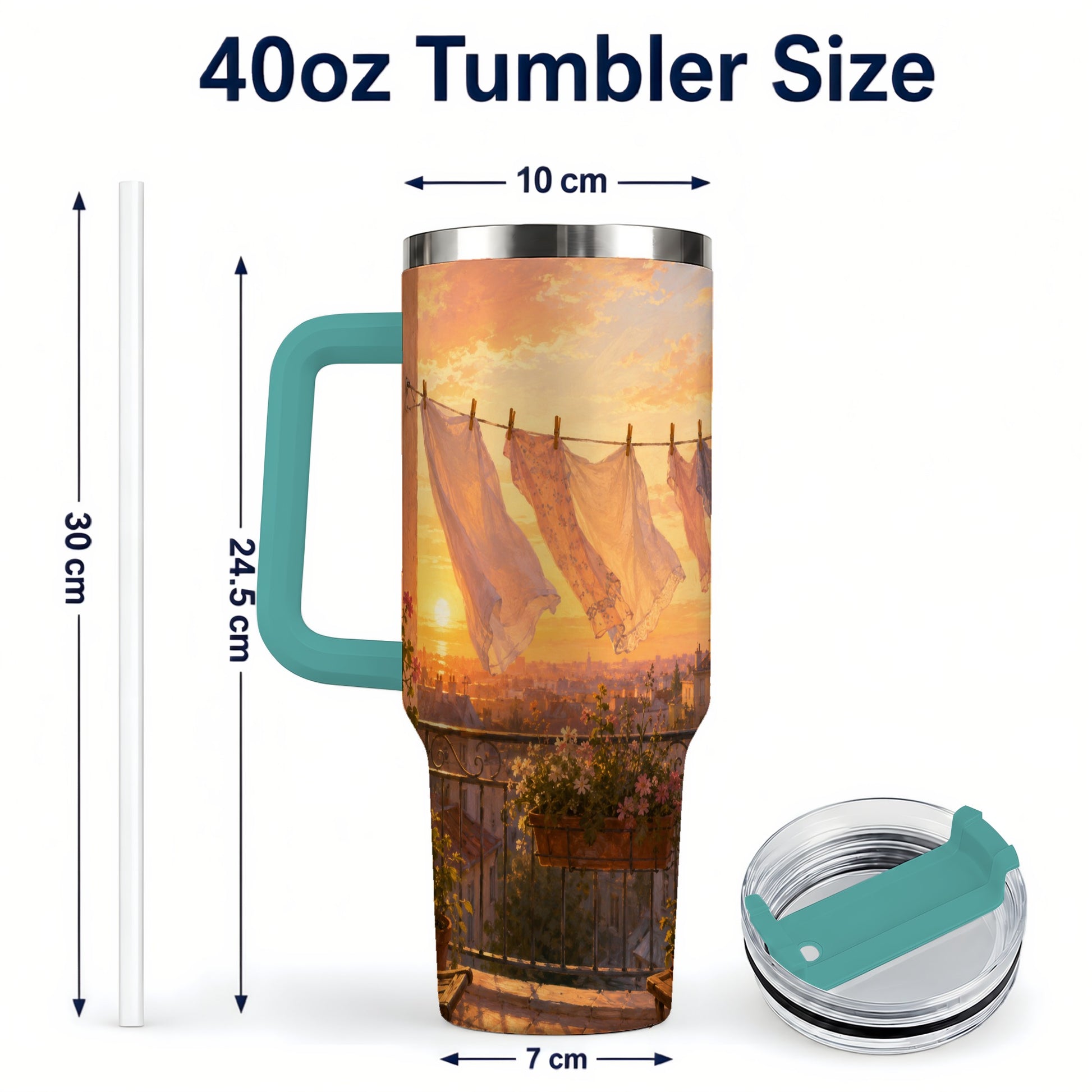 #pl[40oz|Green] Sunset Laundry Balcony 40oz Tumbler with Handle, Cozy European Balcony Art