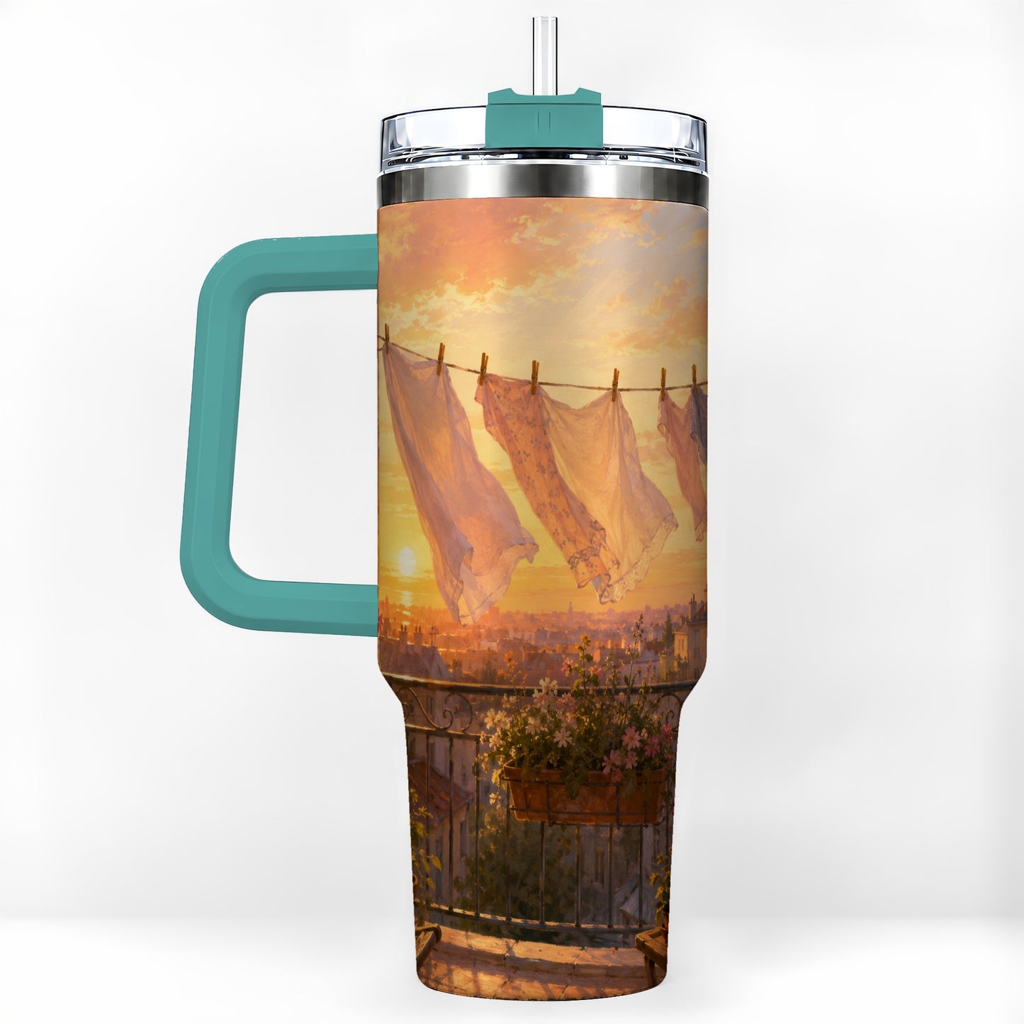 #pl[40oz|Green] Sunset Laundry Balcony 40oz Tumbler with Handle, Cozy European Balcony Art