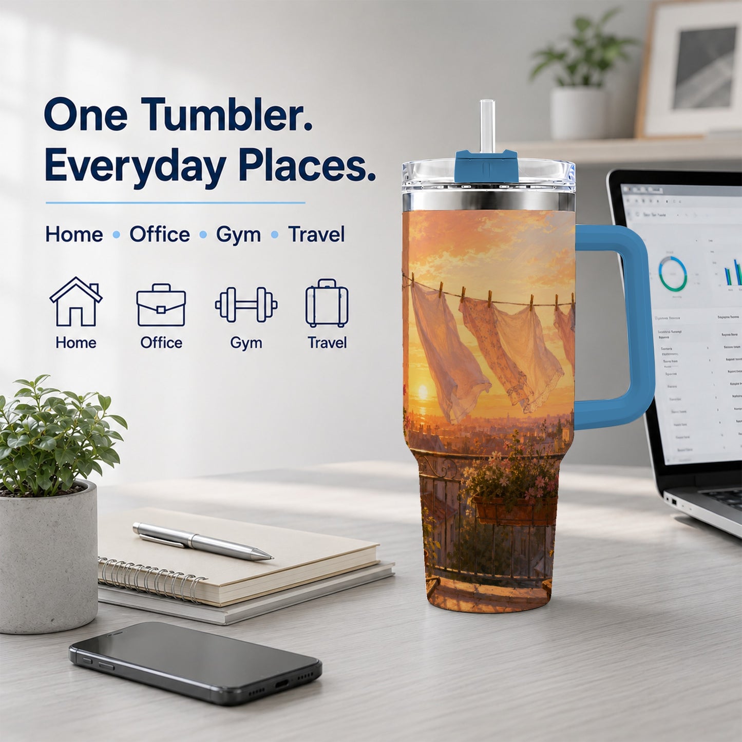#pl[40oz|Blue] Sunset Laundry Balcony 40oz Tumbler with Handle, Cozy European Balcony Art