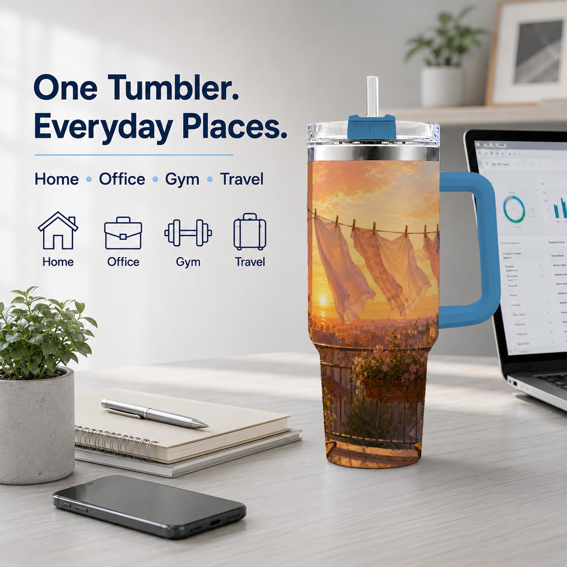 #pl[40oz|Blue] Sunset Laundry Balcony 40oz Tumbler with Handle, Cozy European Balcony Art