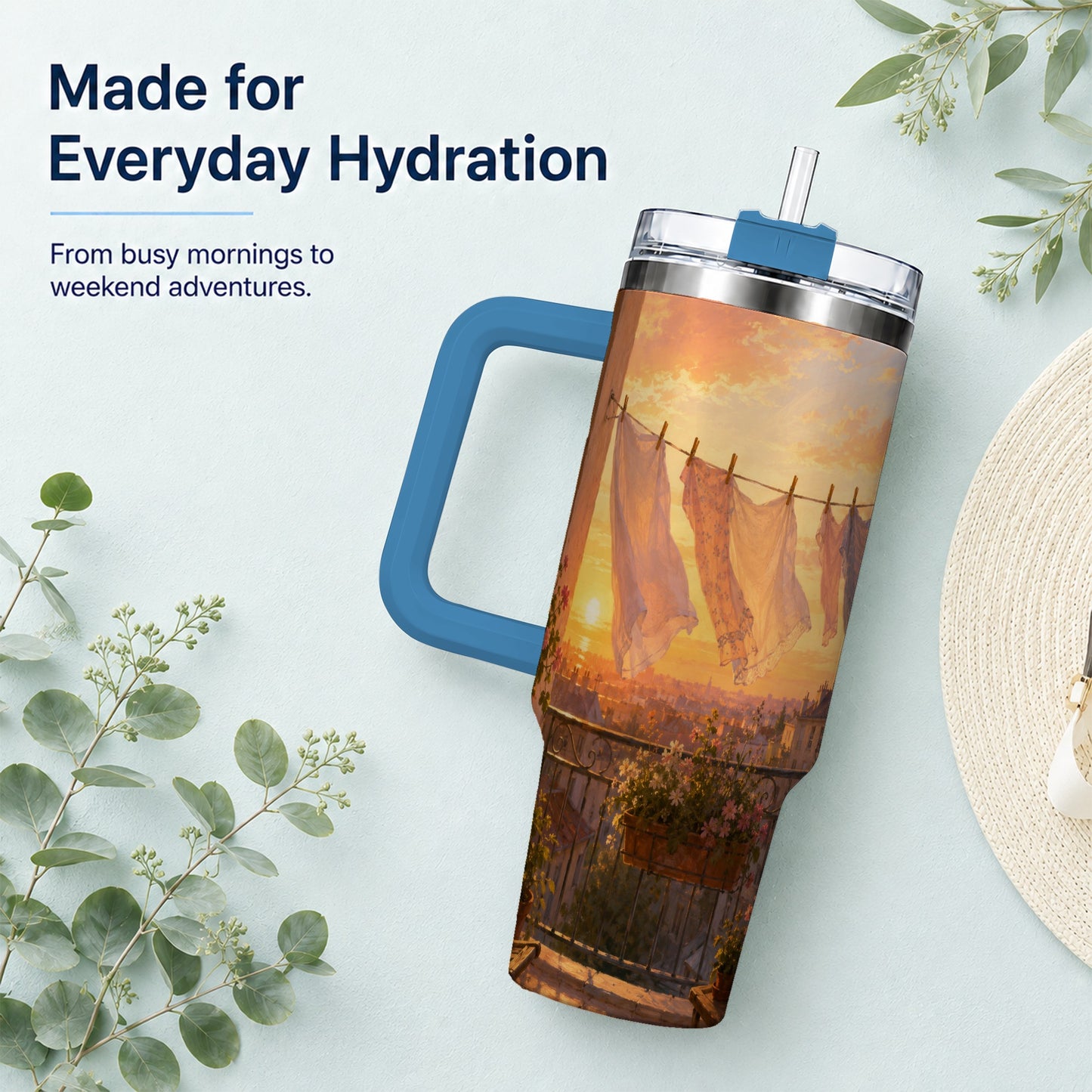 #pl[40oz|Blue] Sunset Laundry Balcony 40oz Tumbler with Handle, Cozy European Balcony Art