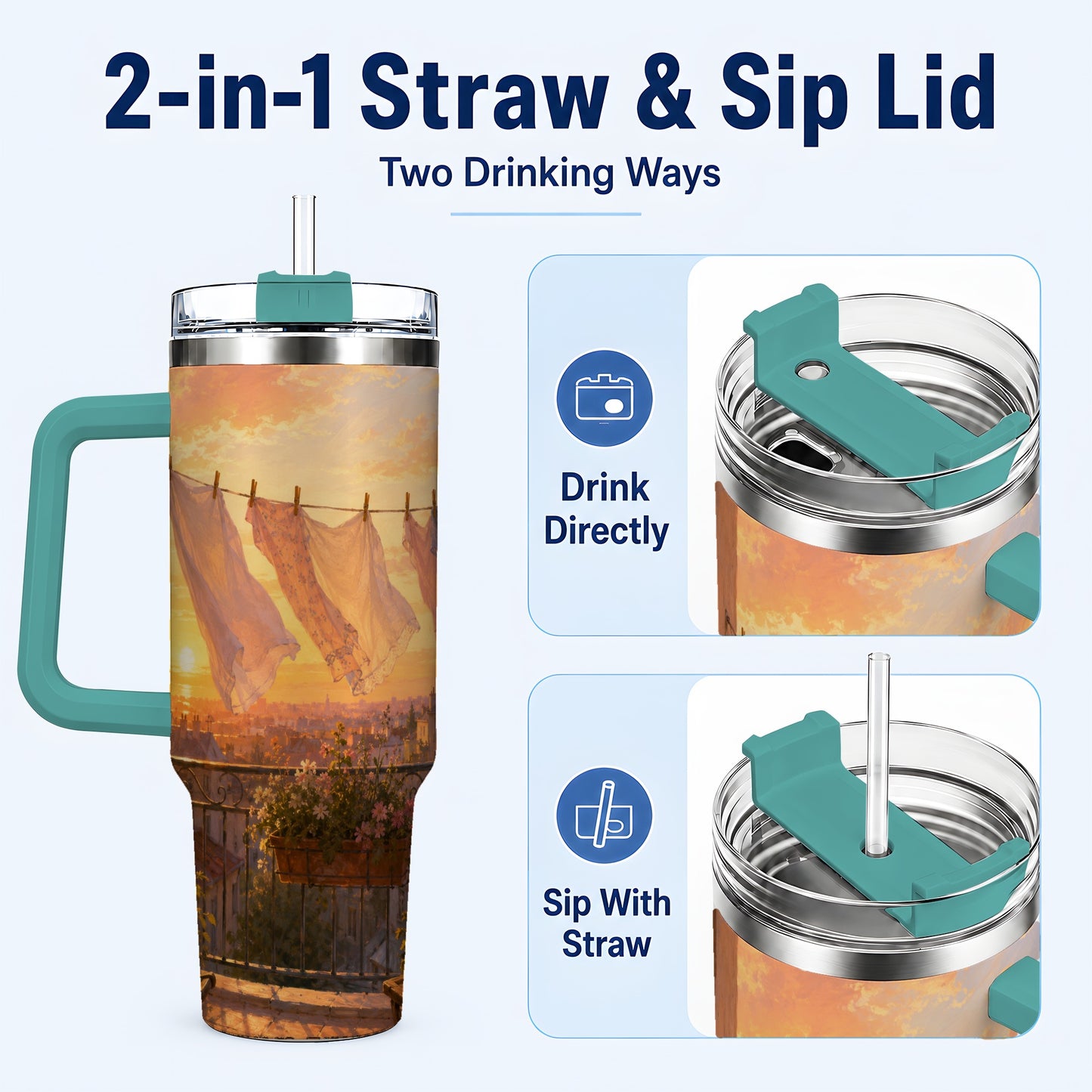 #pl[40oz|Green] Sunset Laundry Balcony 40oz Tumbler with Handle, Cozy European Balcony Art