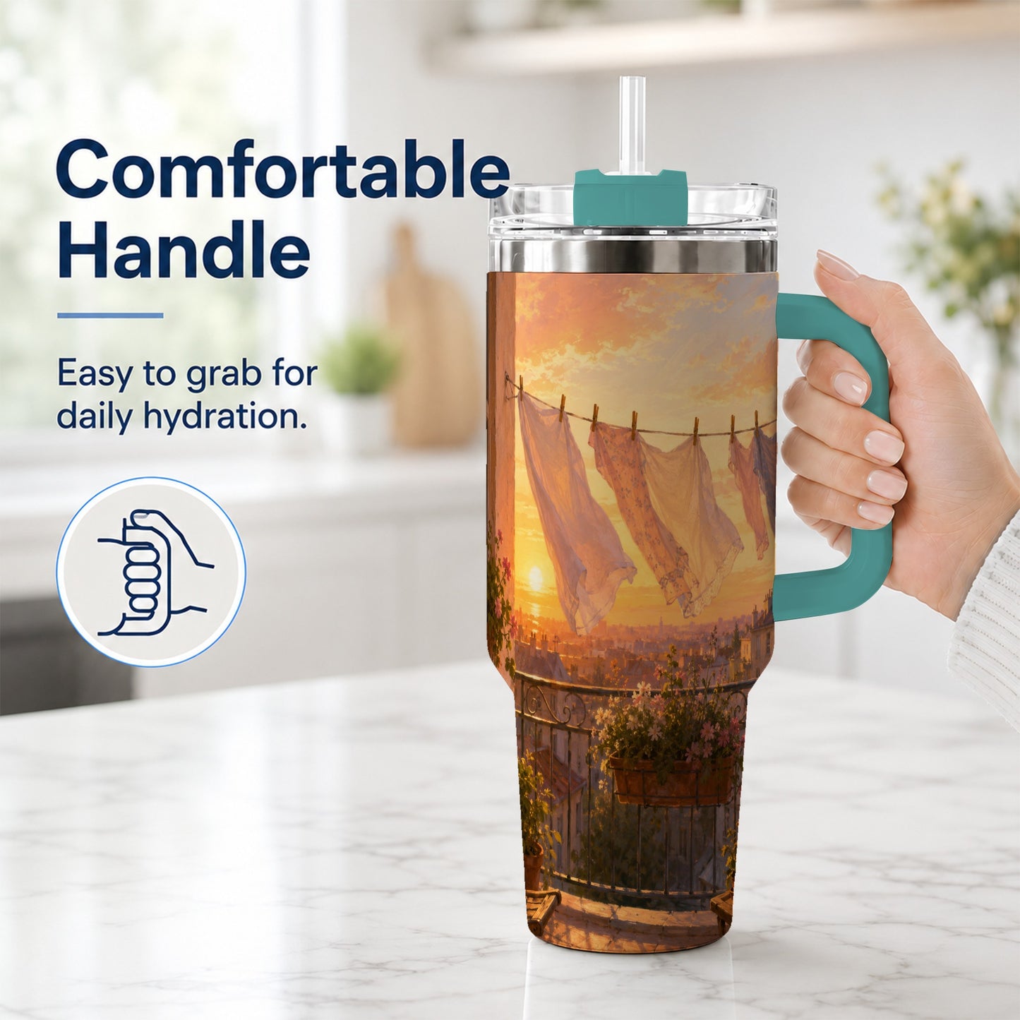 #pl[40oz|Green] Sunset Laundry Balcony 40oz Tumbler with Handle, Cozy European Balcony Art