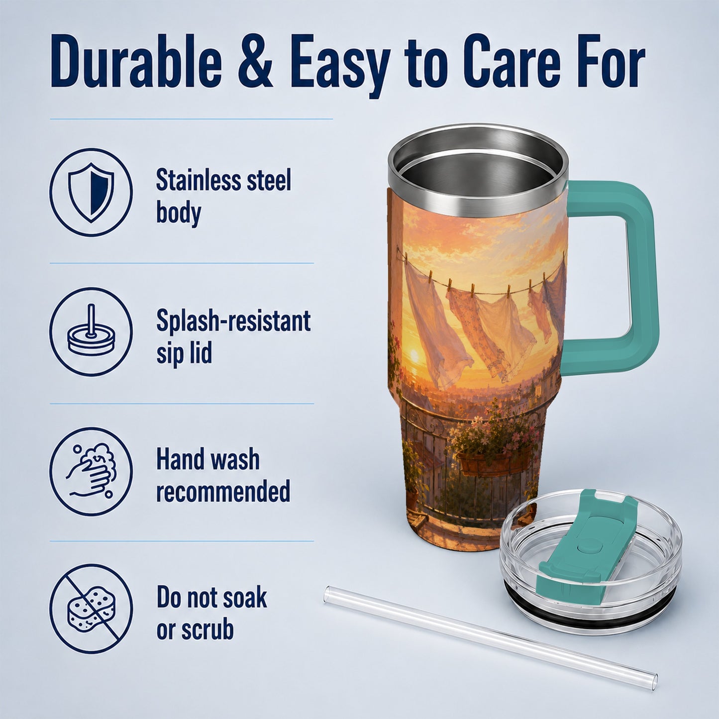 #pl[40oz|Green] Sunset Laundry Balcony 40oz Tumbler with Handle, Cozy European Balcony Art