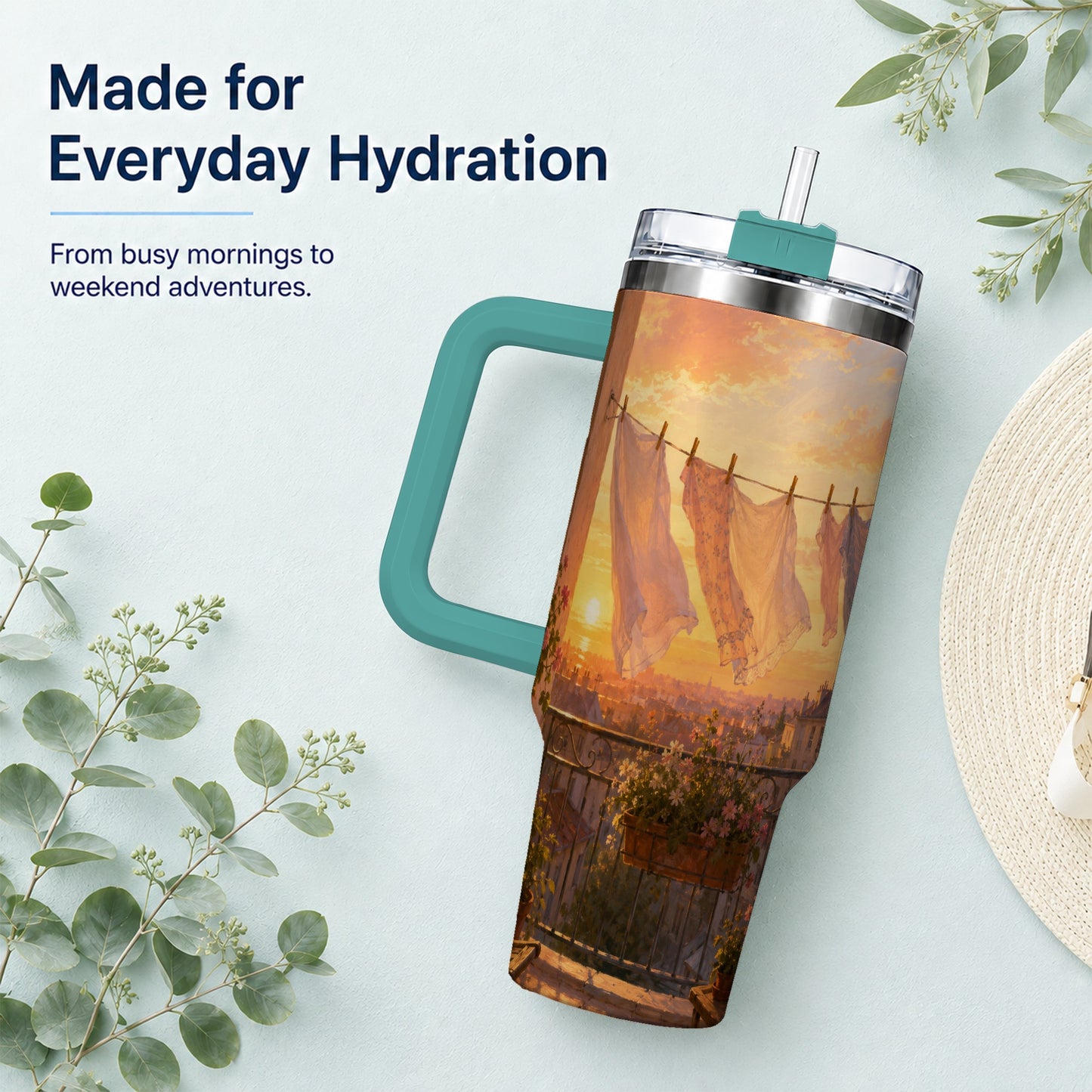 #pl[40oz|Green] Sunset Laundry Balcony 40oz Tumbler with Handle, Cozy European Balcony Art