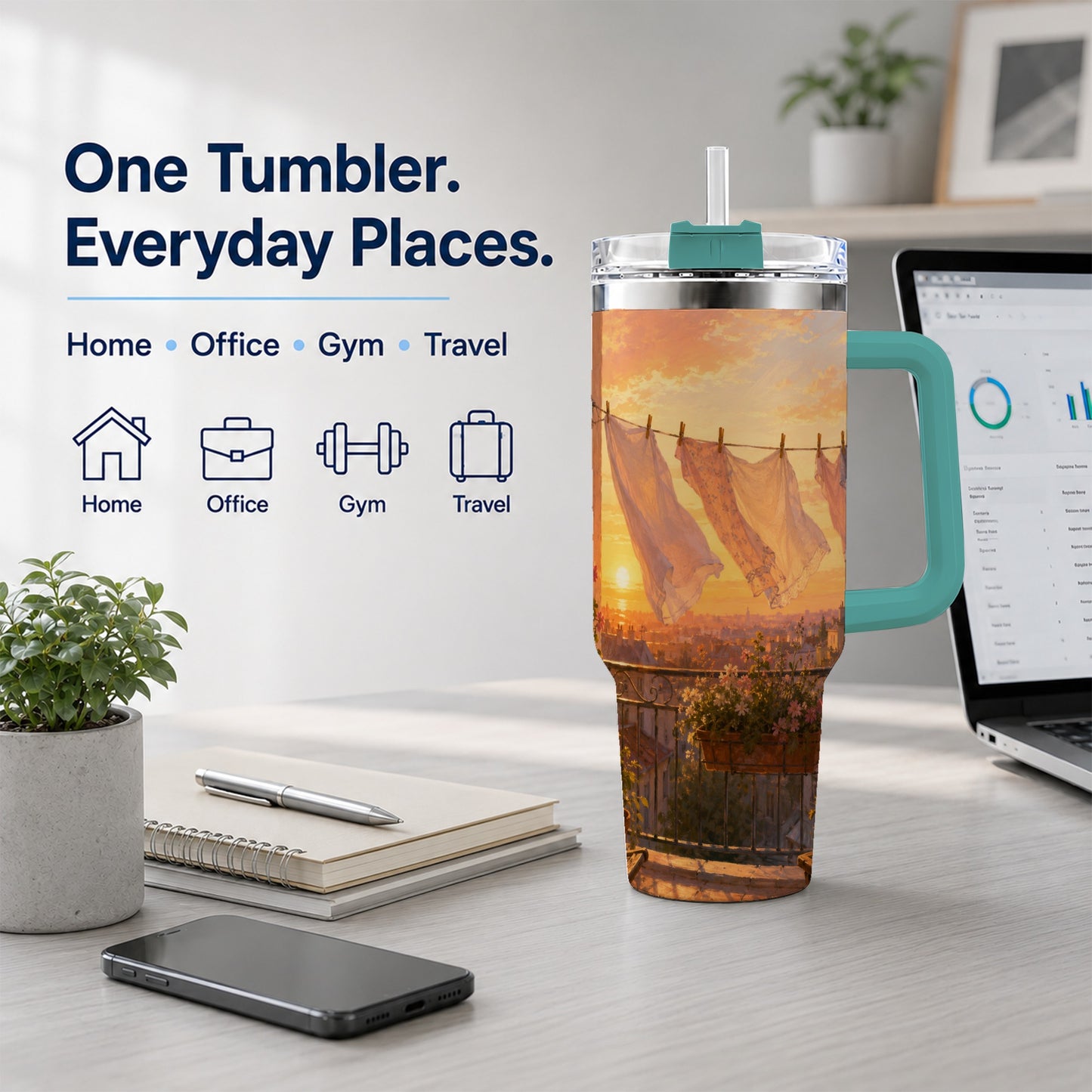 #pl[40oz|Green] Sunset Laundry Balcony 40oz Tumbler with Handle, Cozy European Balcony Art