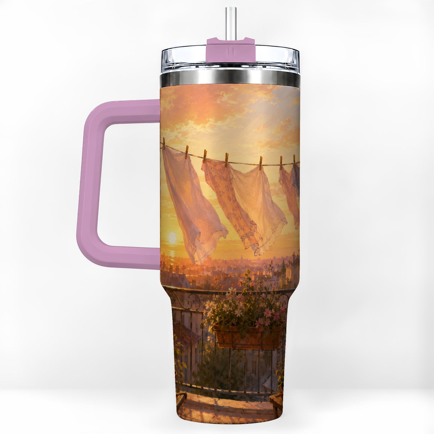 #pl[40oz|Pink] Sunset Laundry Balcony 40oz Tumbler with Handle, Cozy European Balcony Art