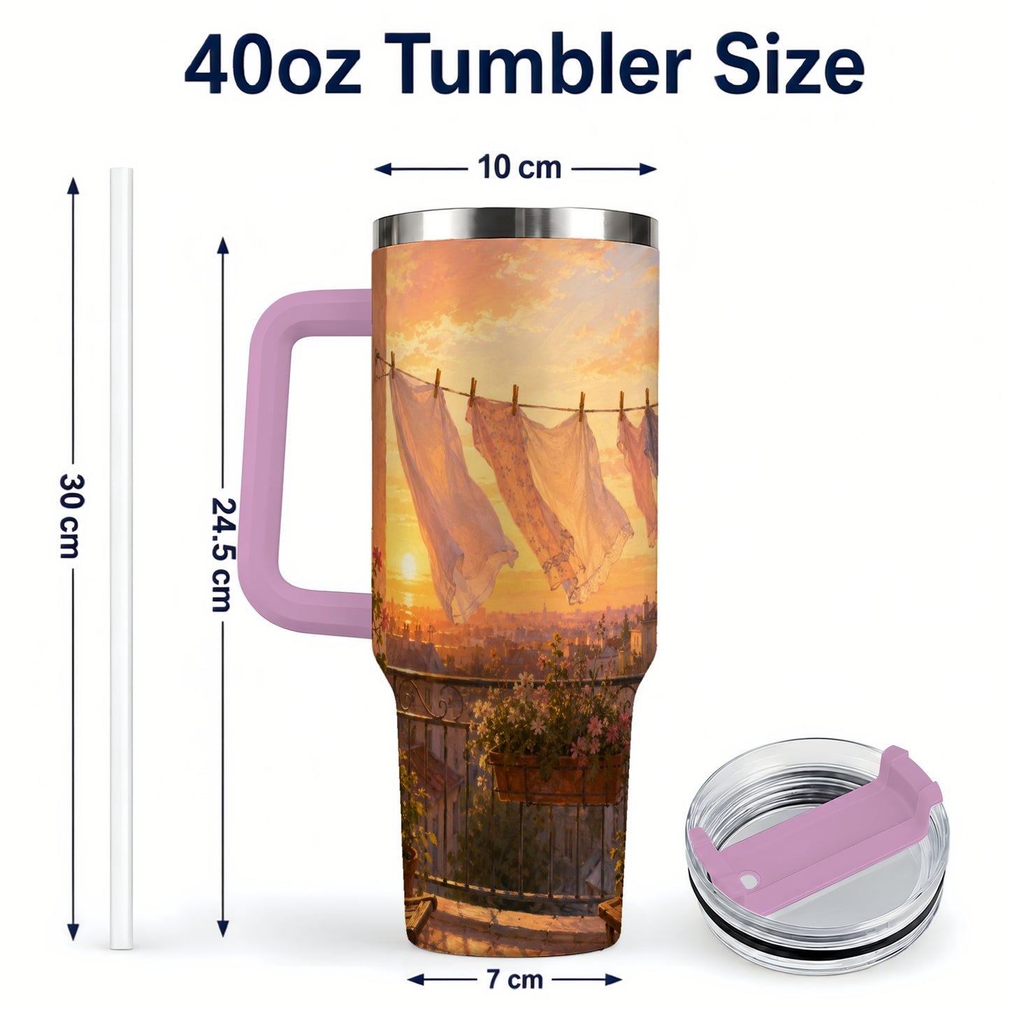#pl[40oz|Pink] Sunset Laundry Balcony 40oz Tumbler with Handle, Cozy European Balcony Art