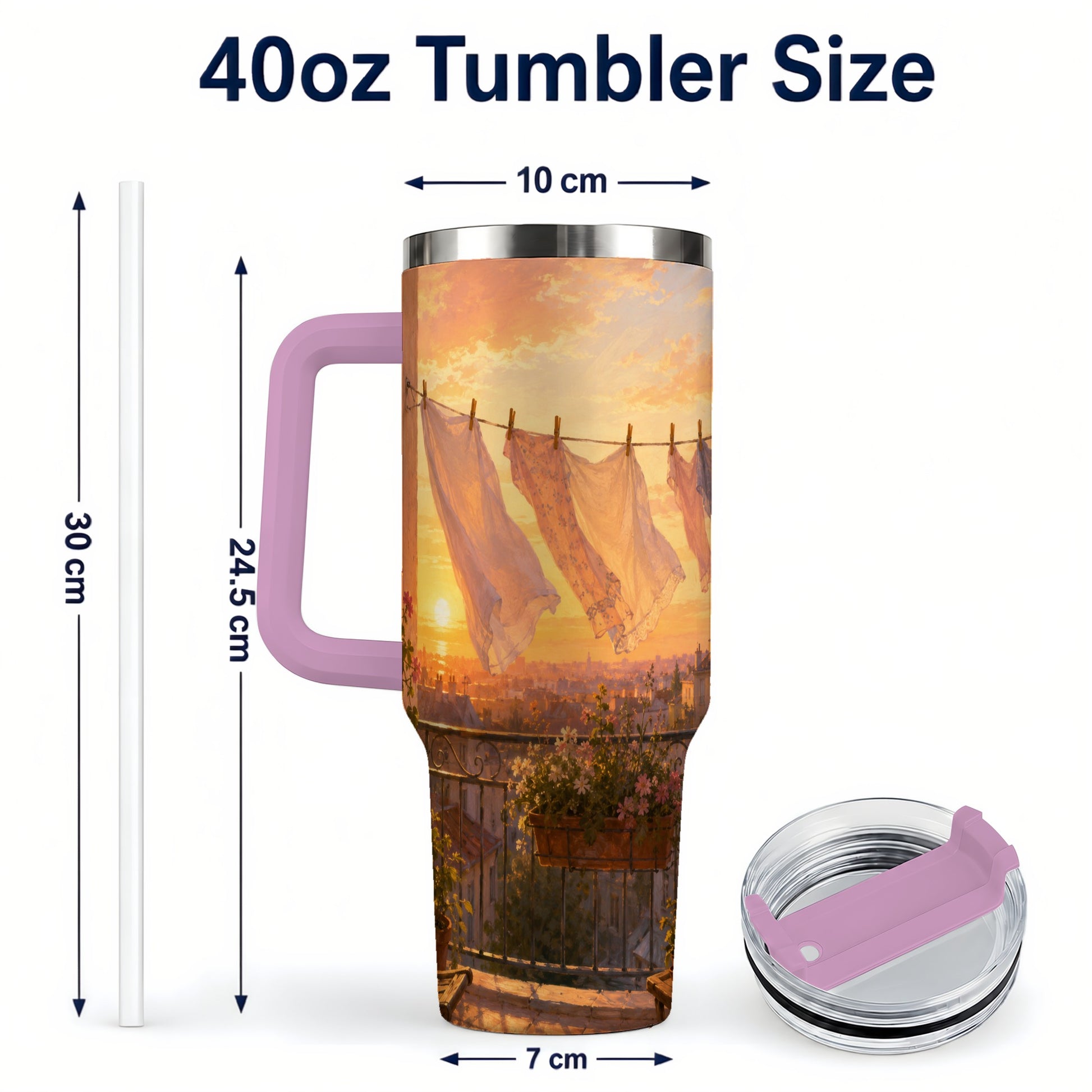 #pl[40oz|Pink] Sunset Laundry Balcony 40oz Tumbler with Handle, Cozy European Balcony Art