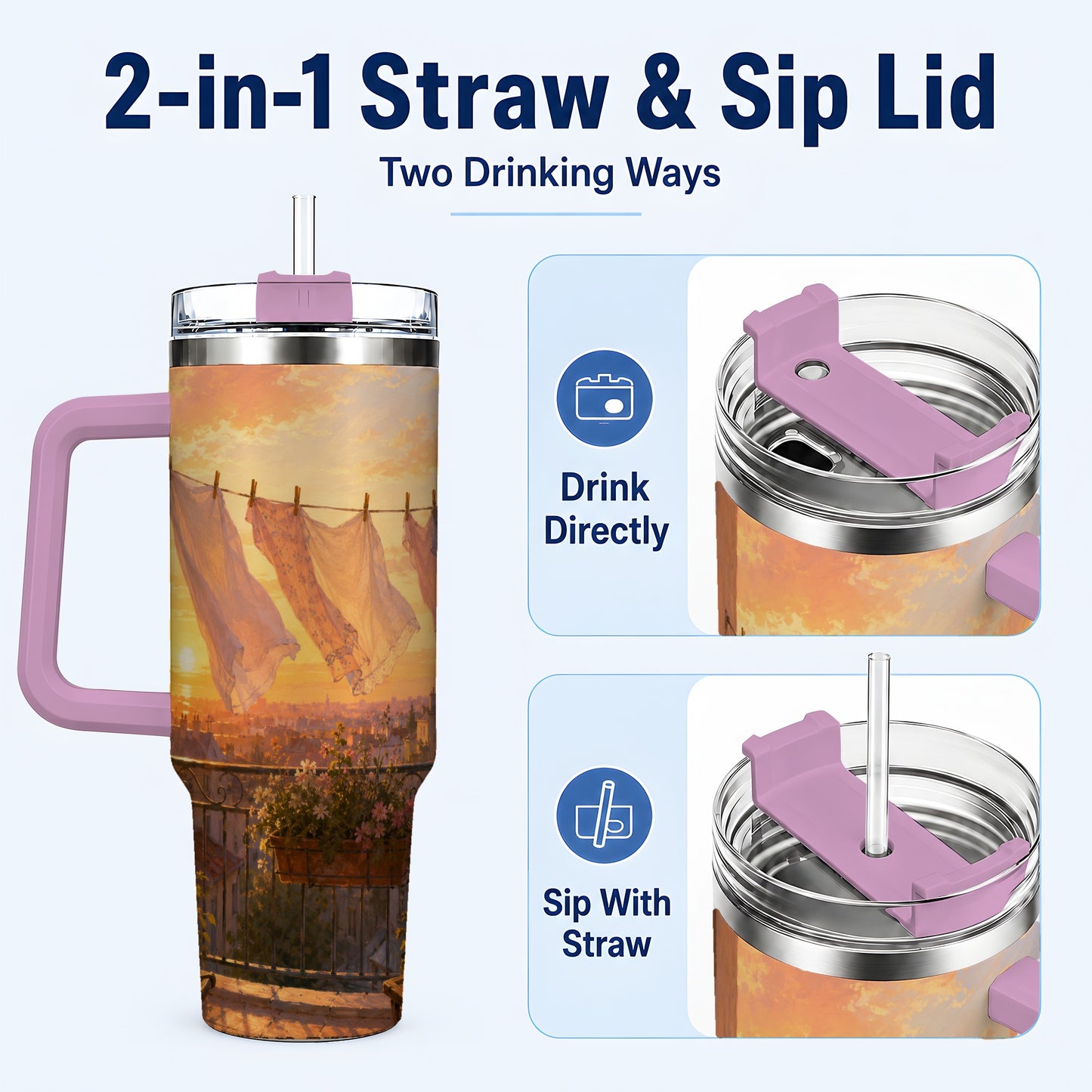 #pl[40oz|Pink] Sunset Laundry Balcony 40oz Tumbler with Handle, Cozy European Balcony Art