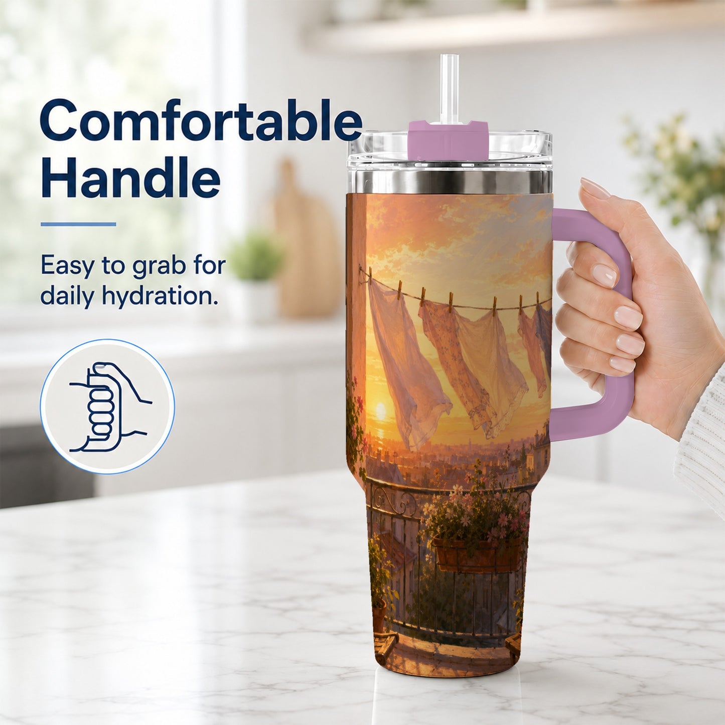 #pl[40oz|Pink] Sunset Laundry Balcony 40oz Tumbler with Handle, Cozy European Balcony Art